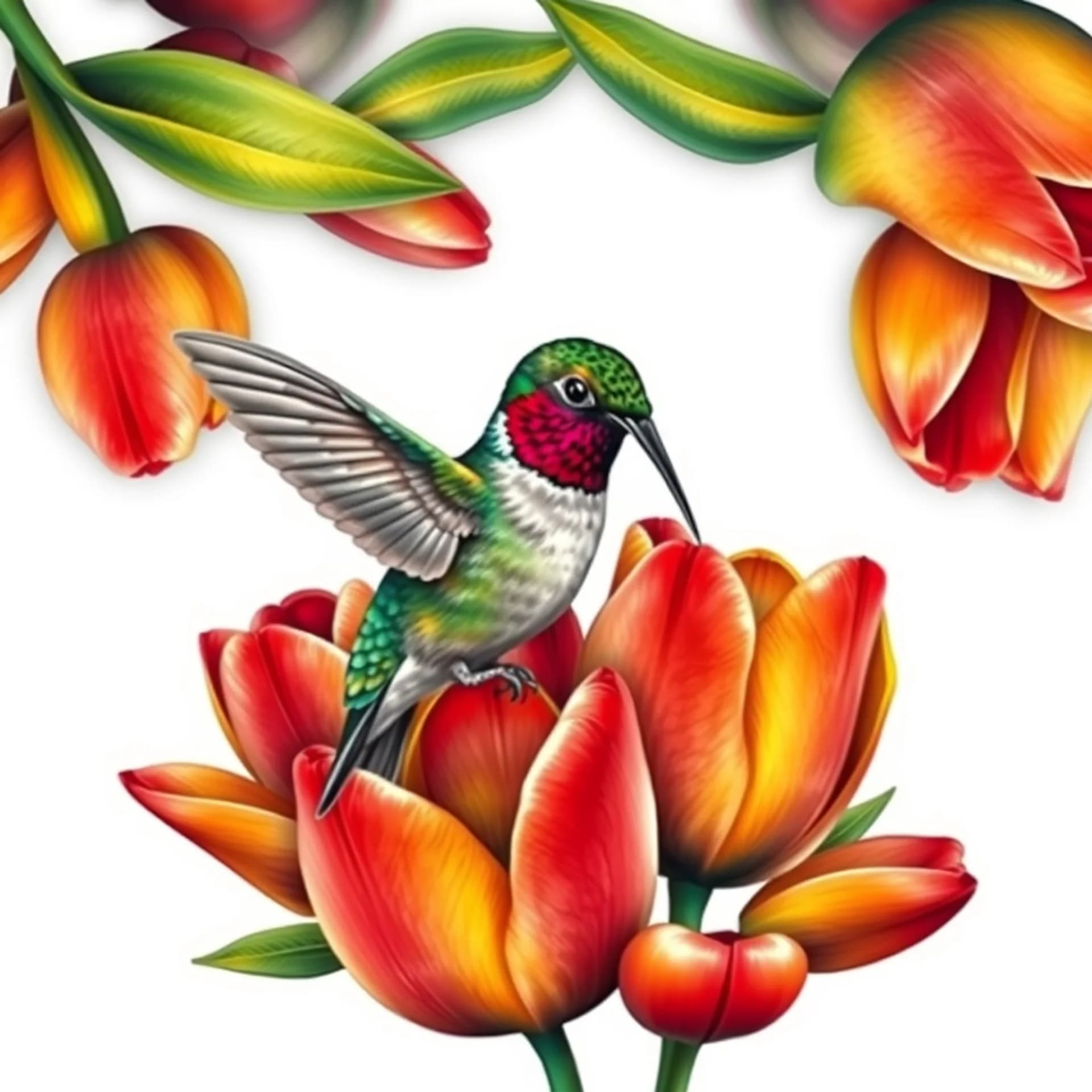 Surrealism tattoo: Hummingbird feeding on tulips