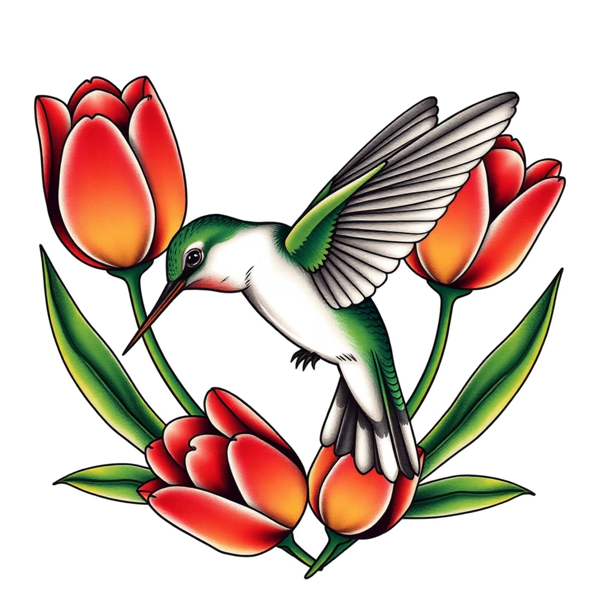 Traditional tattoo: Hummingbird feeding on tulips