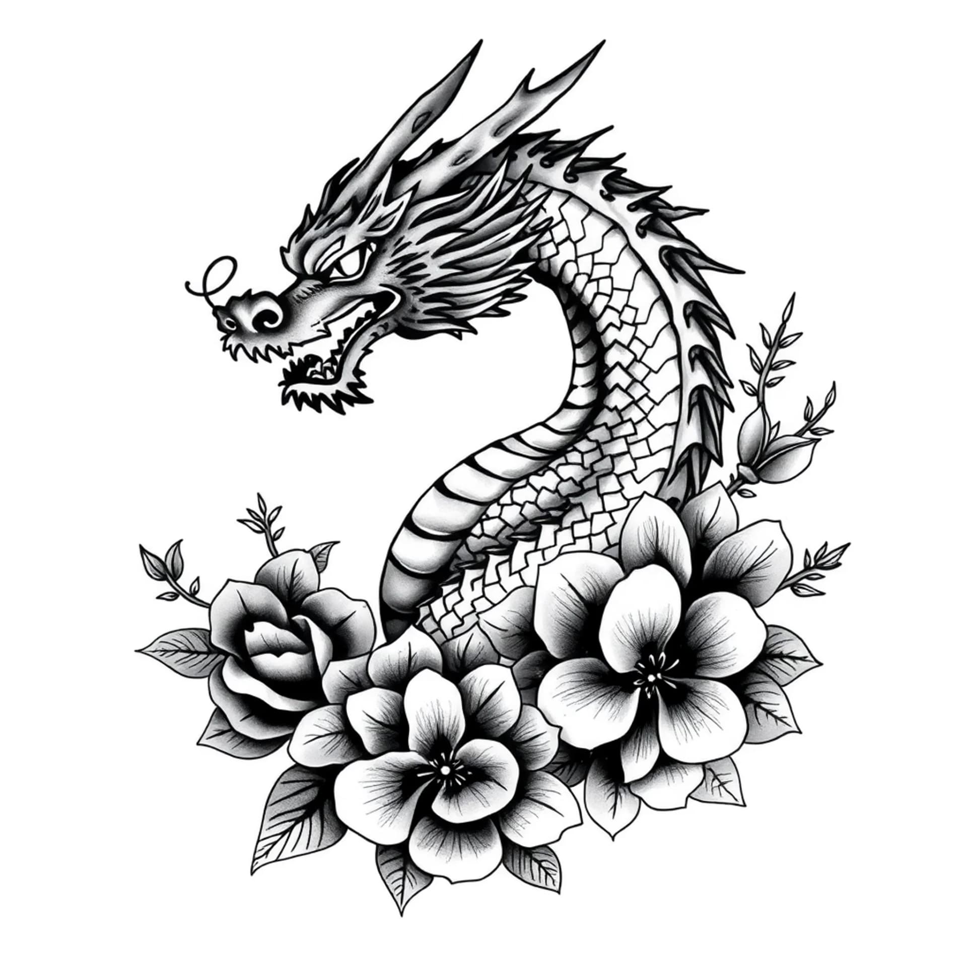 Black And Grey tattoo: Dragon and flowers