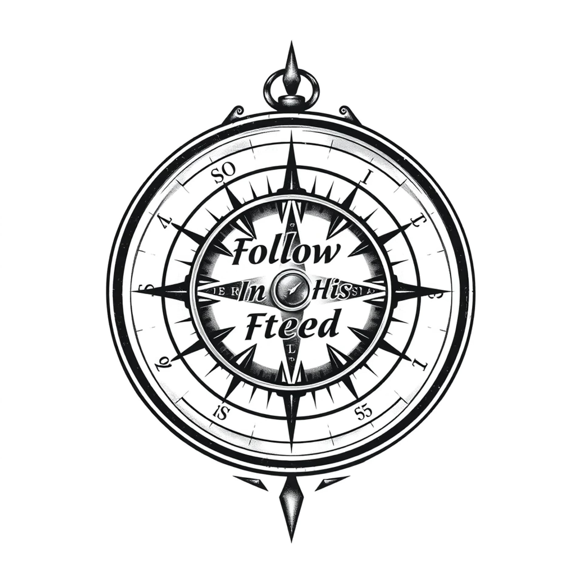Black And Grey tattoo: Wanting a compass that incorporates the theme "Follow In His Steps" the his being Jesus.