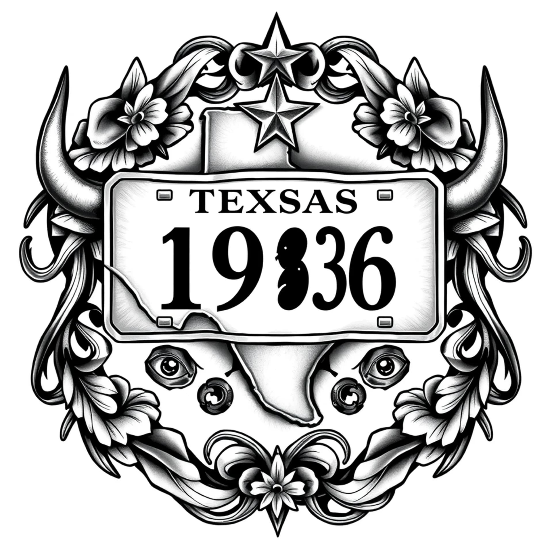Black And Grey tattoo: Texas tattoo 1996 Texas plate longhorns interstate 83 sign engrave full sleeve