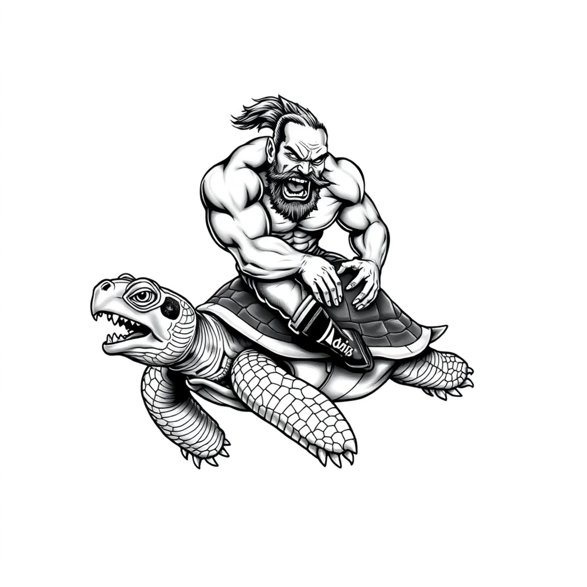Black And Grey tattoo: A muscular angry man riding a turtle the turtle has his mouth wide open full of teeth
