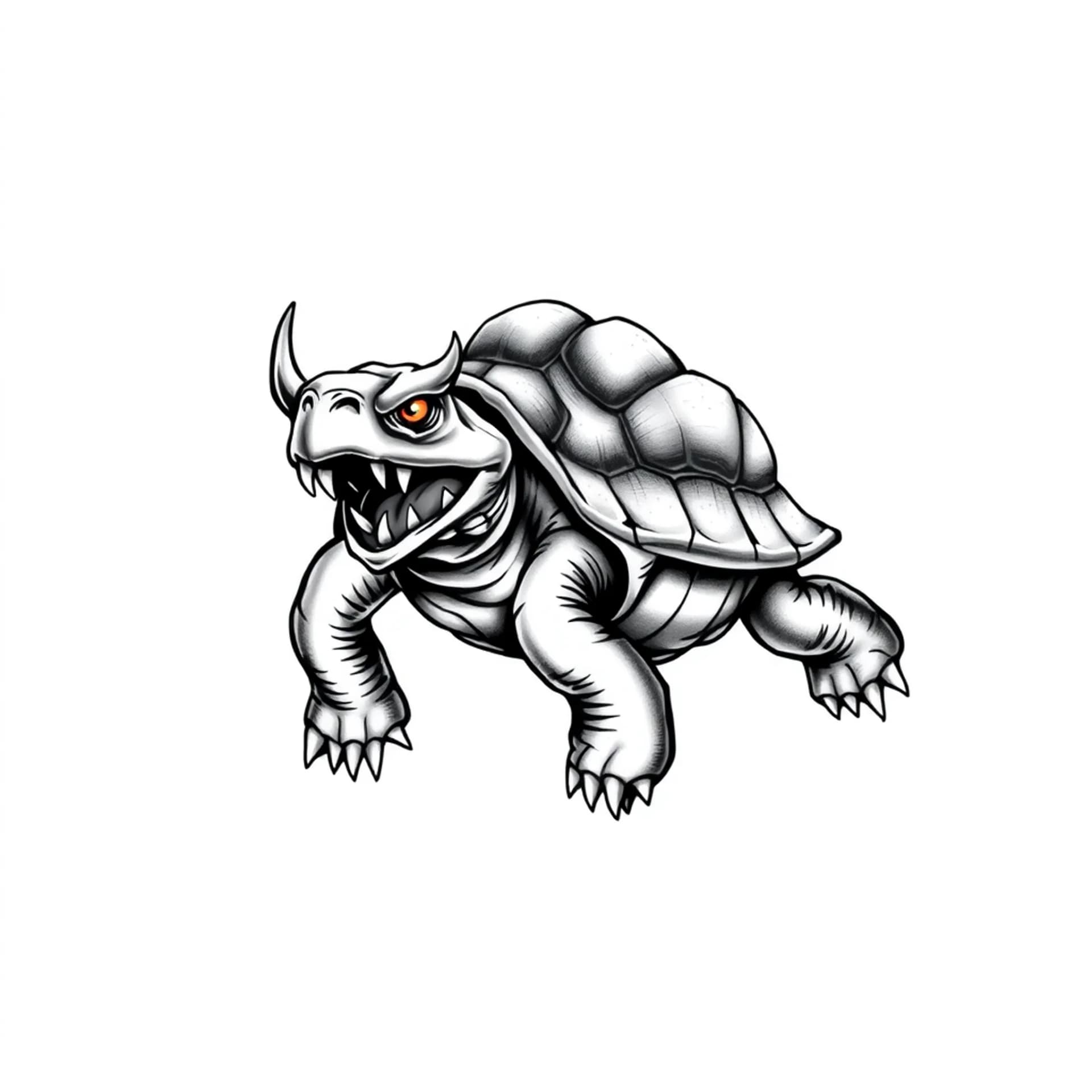 Black And Grey tattoo: A angry riding a turtle the turtle has his mouth wide open full of teeth and horns