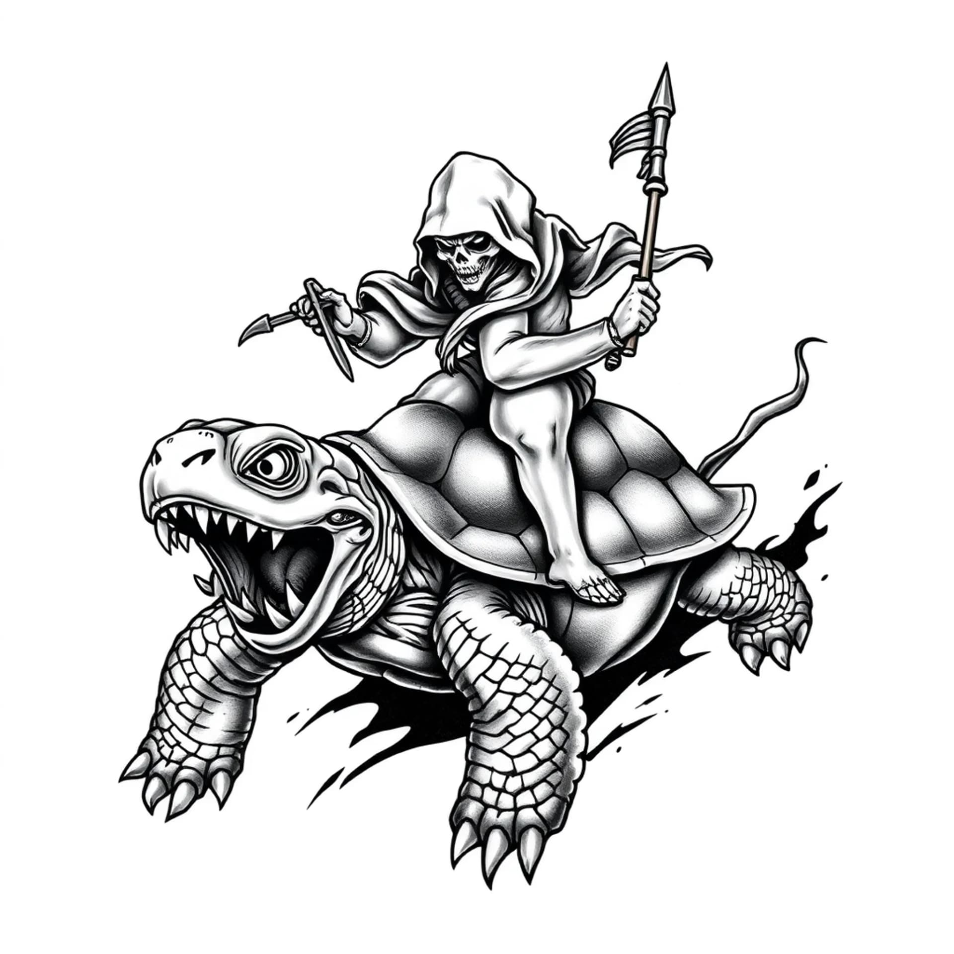 Black And Grey tattoo: A angry slave riding a turtle the turtle has his mouth wide open full of teeth and horns