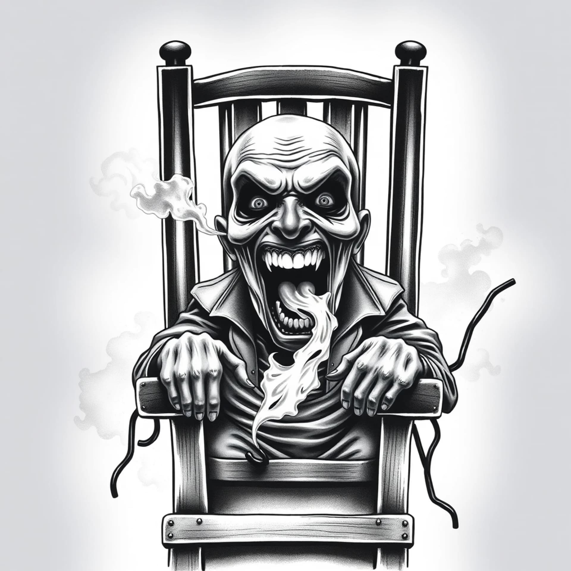 Black And Grey tattoo: A lunatic mouth wide open with foam coming out of the mouth his head is smoking from being in a electric chair hands strapped to the arms of the chair