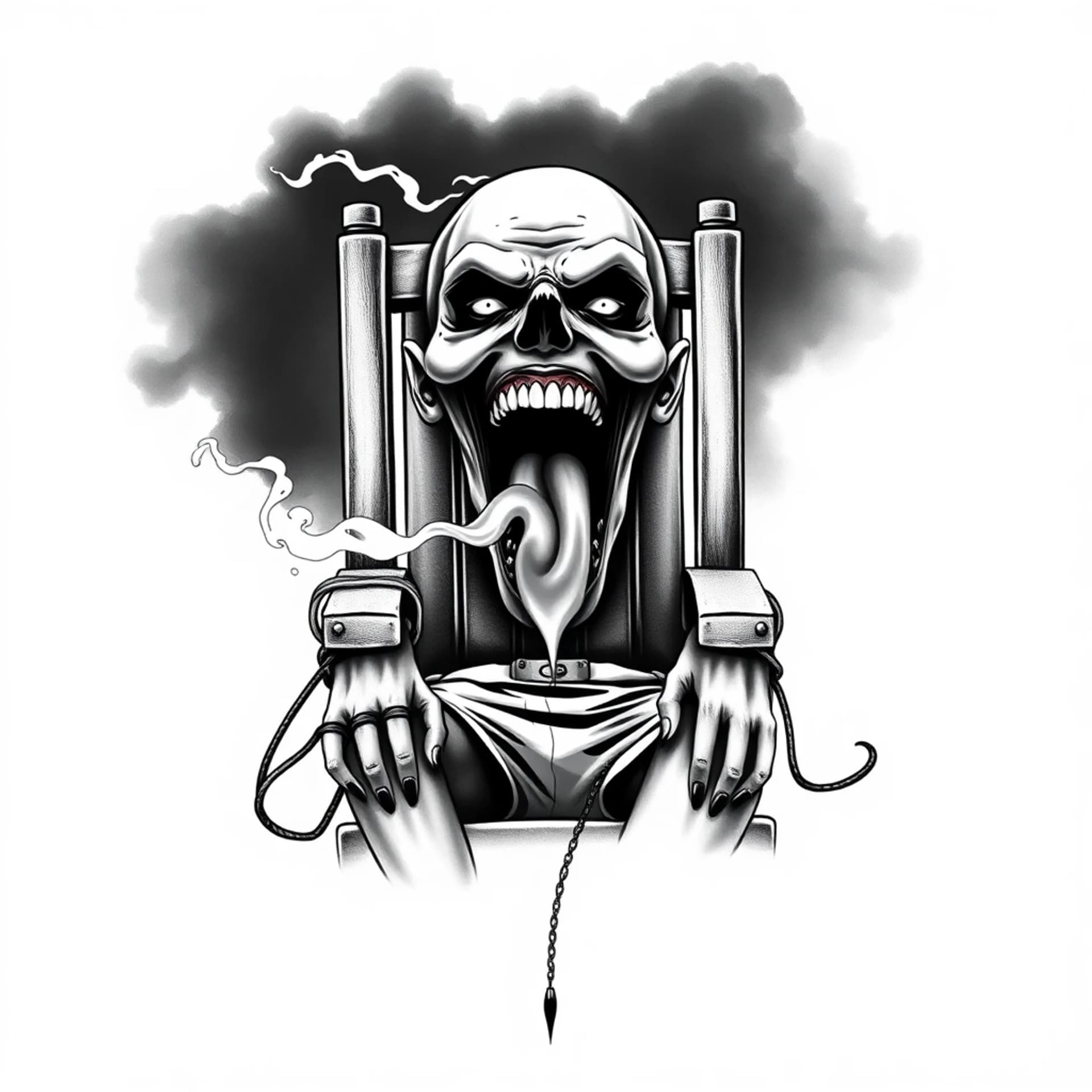 Black And Grey tattoo: A lunatic mouth wide open with a foamy mouth with blood his head is smoking from being in a electric chair hands strapped to the arms of the chair with shorts on And an amputated left foot