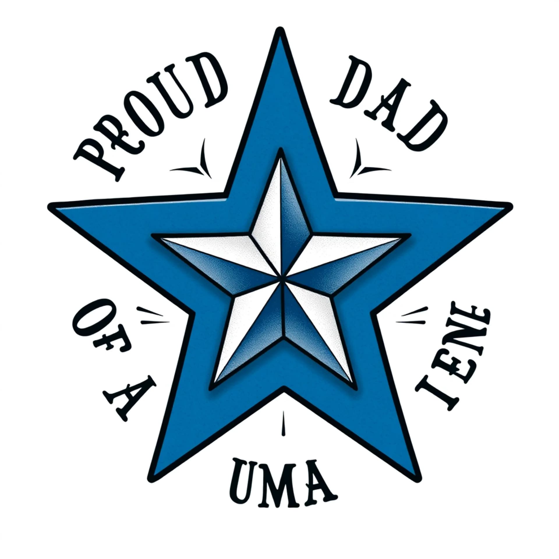 Old School tattoo: Simple Five point Blue star filled in with blue color & with the words “PROUD DAD OF A US MARINE” written around the star;