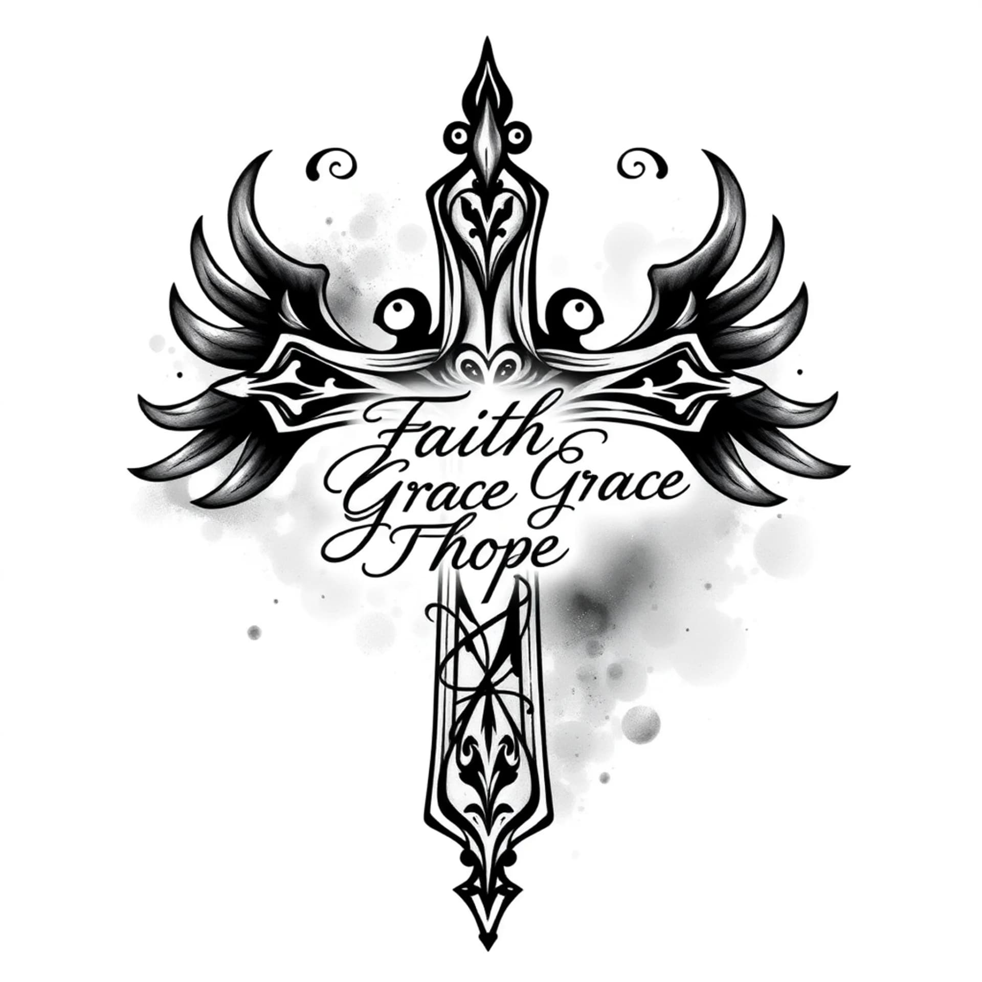Black And Grey tattoo: 4 inch cross with words faith, Grace, hope