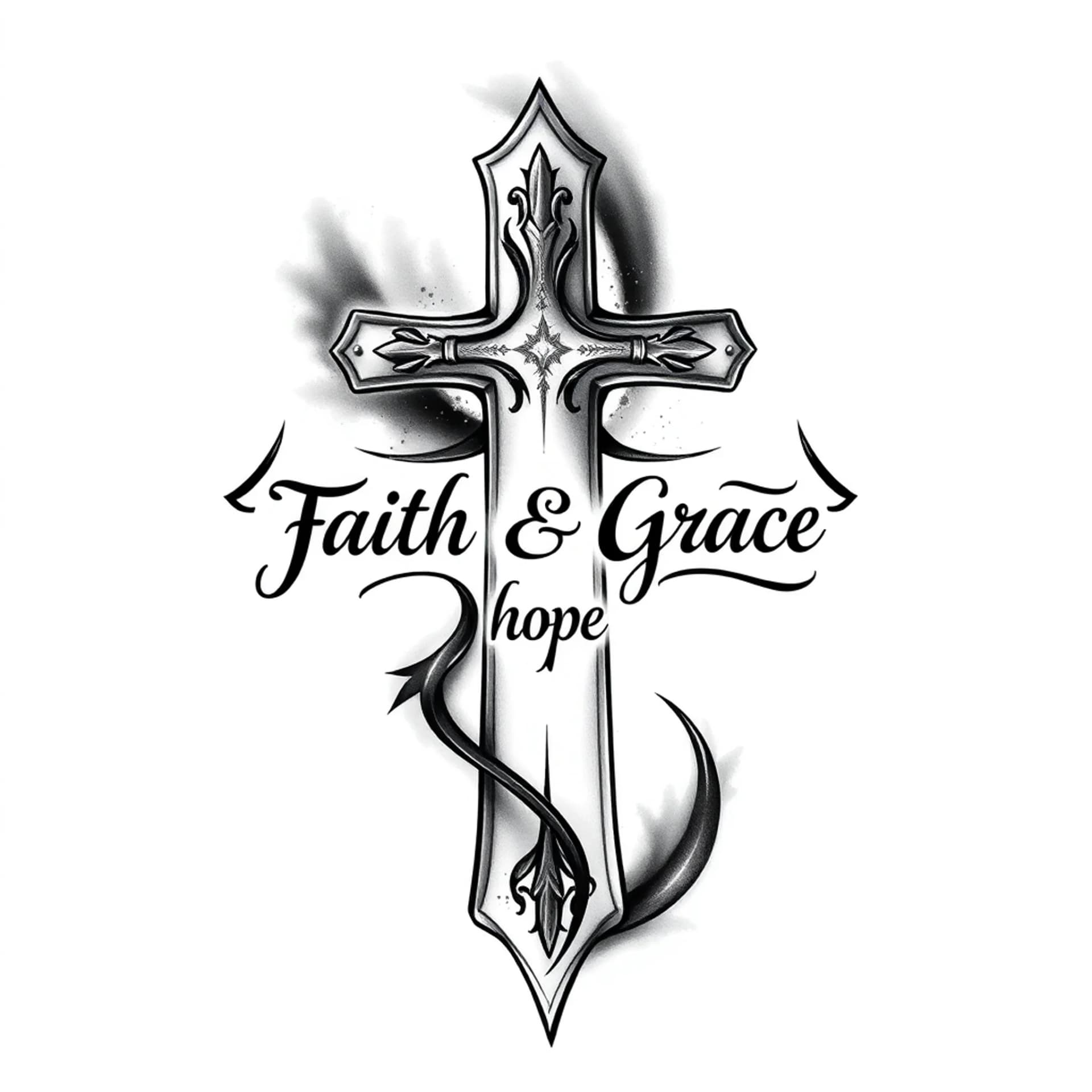 Black And Grey tattoo: 4 inch cross with words faith, Grace, hope