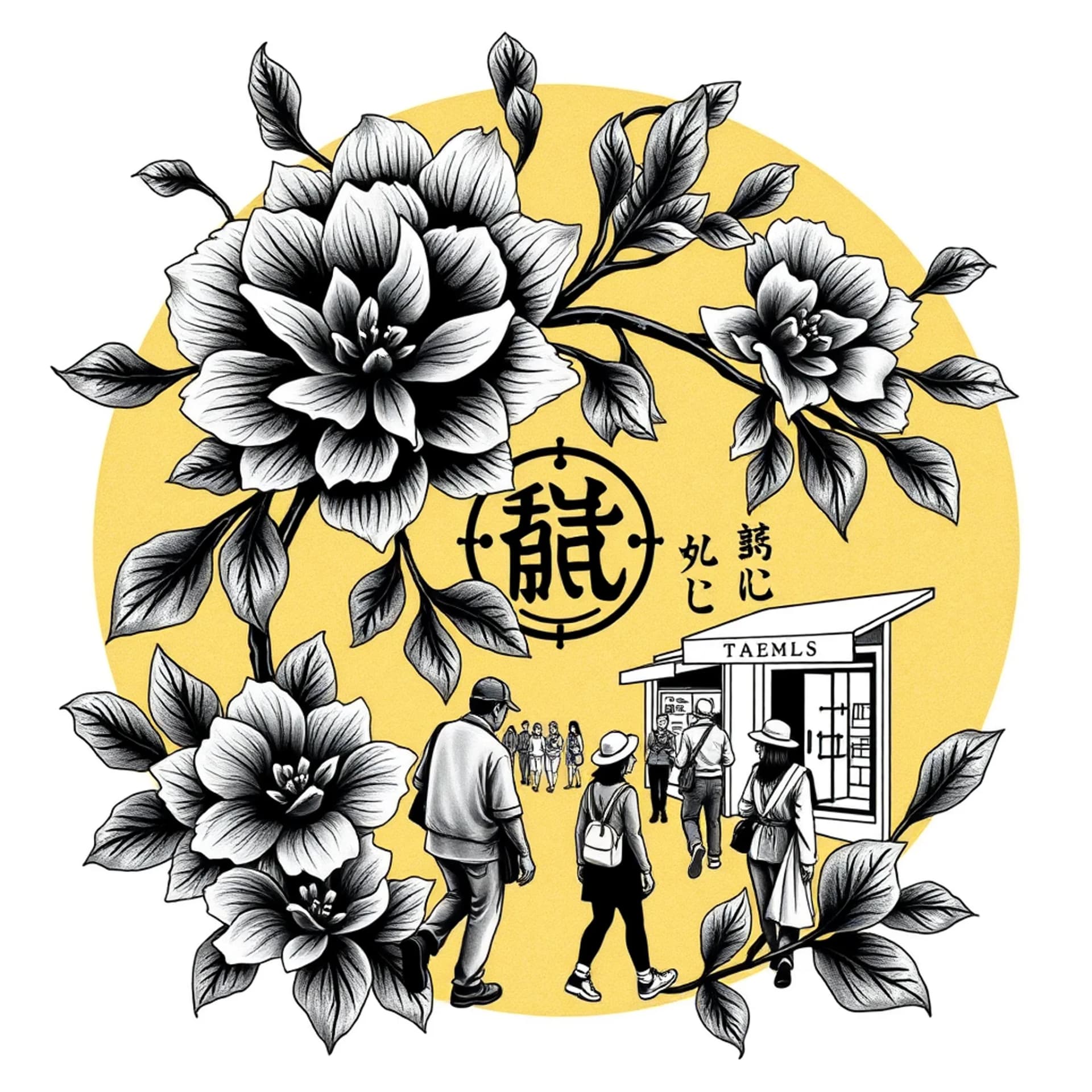 Black And Grey tattoo: Next, you will turn this illustration into a 15-second looping GIF.
Your task is to make the small blue-black flowers on the yellow-brown tablecloth background rotate continuously in place.
Make the entire wax seal scroll left and right in a loop.
The pedestrians on the street should walk and pause occasionally, and some people should open the door and come out of the shops.
Finally, keep the canvas still while all other elements move as described.