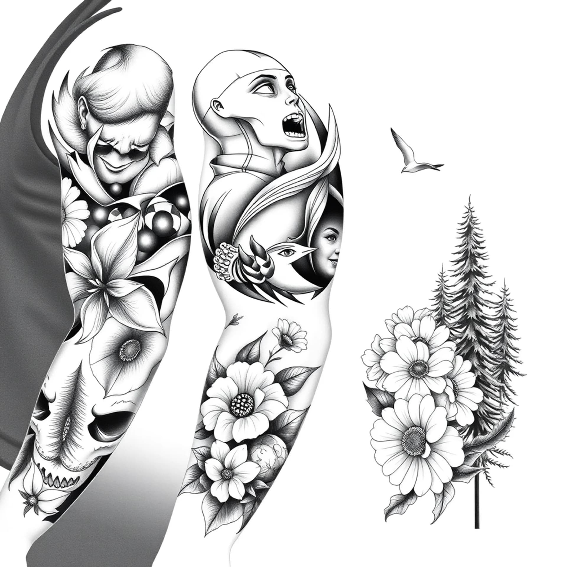 Black And Grey tattoo: Design me a sleeve tattoo as a tribute to the family members closest to me. My grandfather “papa” loved P-51 mustangs, and he had a passion for restoring his 1931 model a roadster. My grandmother “meme” loved tennis, and playing slot machines at the casino. My brother “teddy” loved the forest in the NW, and had a large tattoo of big Douglas fir trees. My dad loves old Volkswagen bugs, and we all have a passion for old school sand rails.