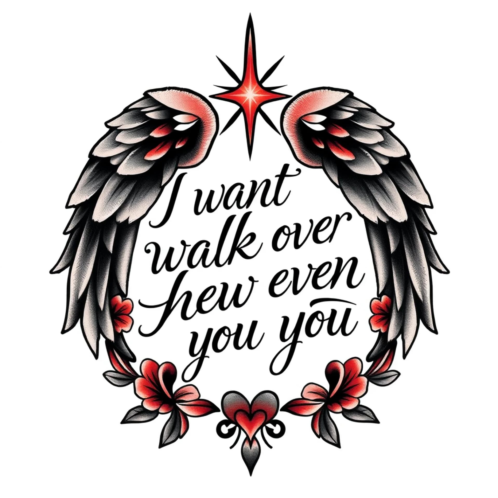 Traditional tattoo: I want to walk over heaven with you script