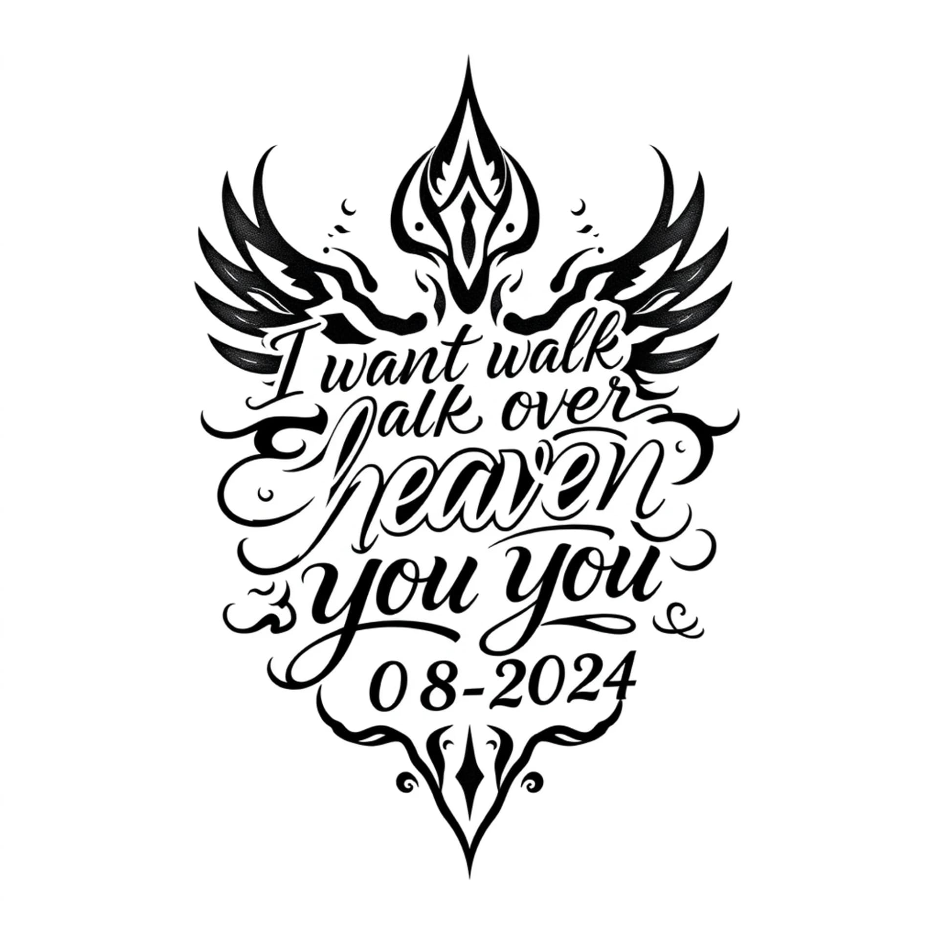 Tribal tattoo: I want to walk over heaven with you script and the date 08/14/2024