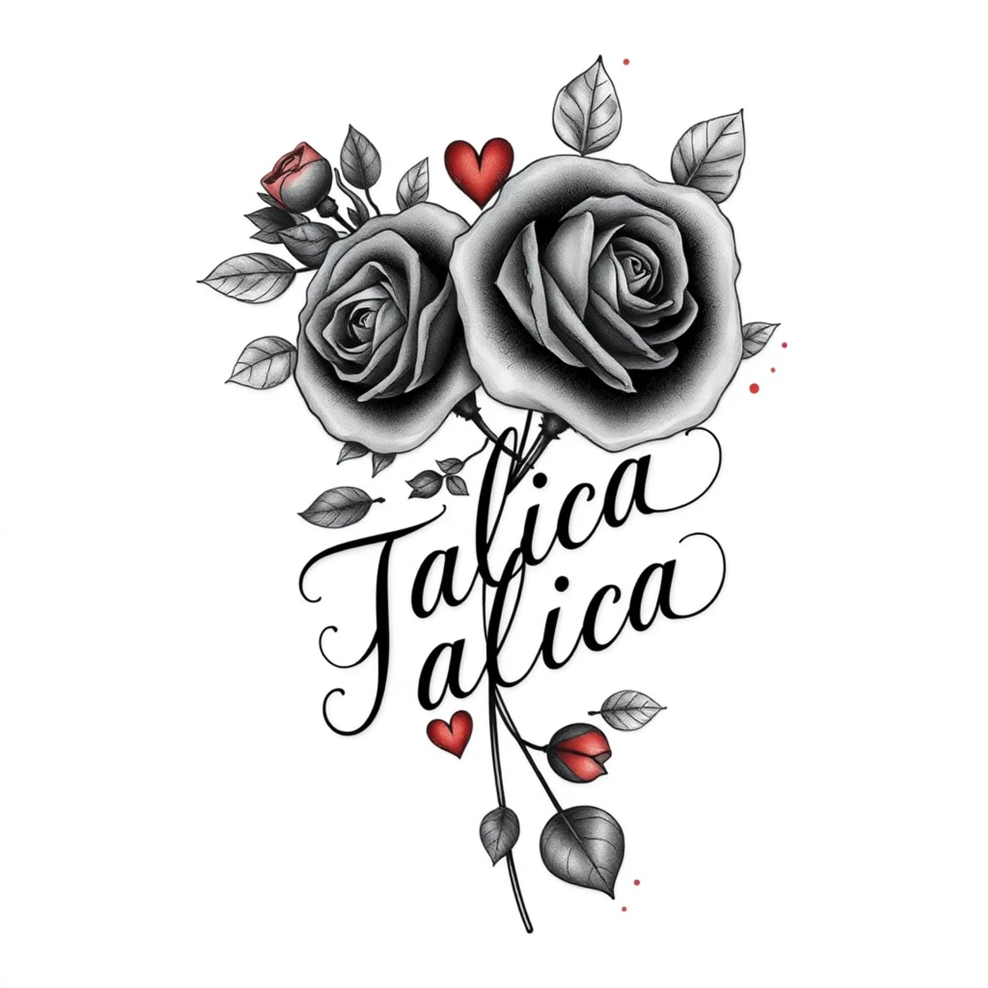 Realism tattoo: Arm tattoo with Talicia writings on it with roses and hearts make it simple and cute make skin brownskin make it boylish red and black ink