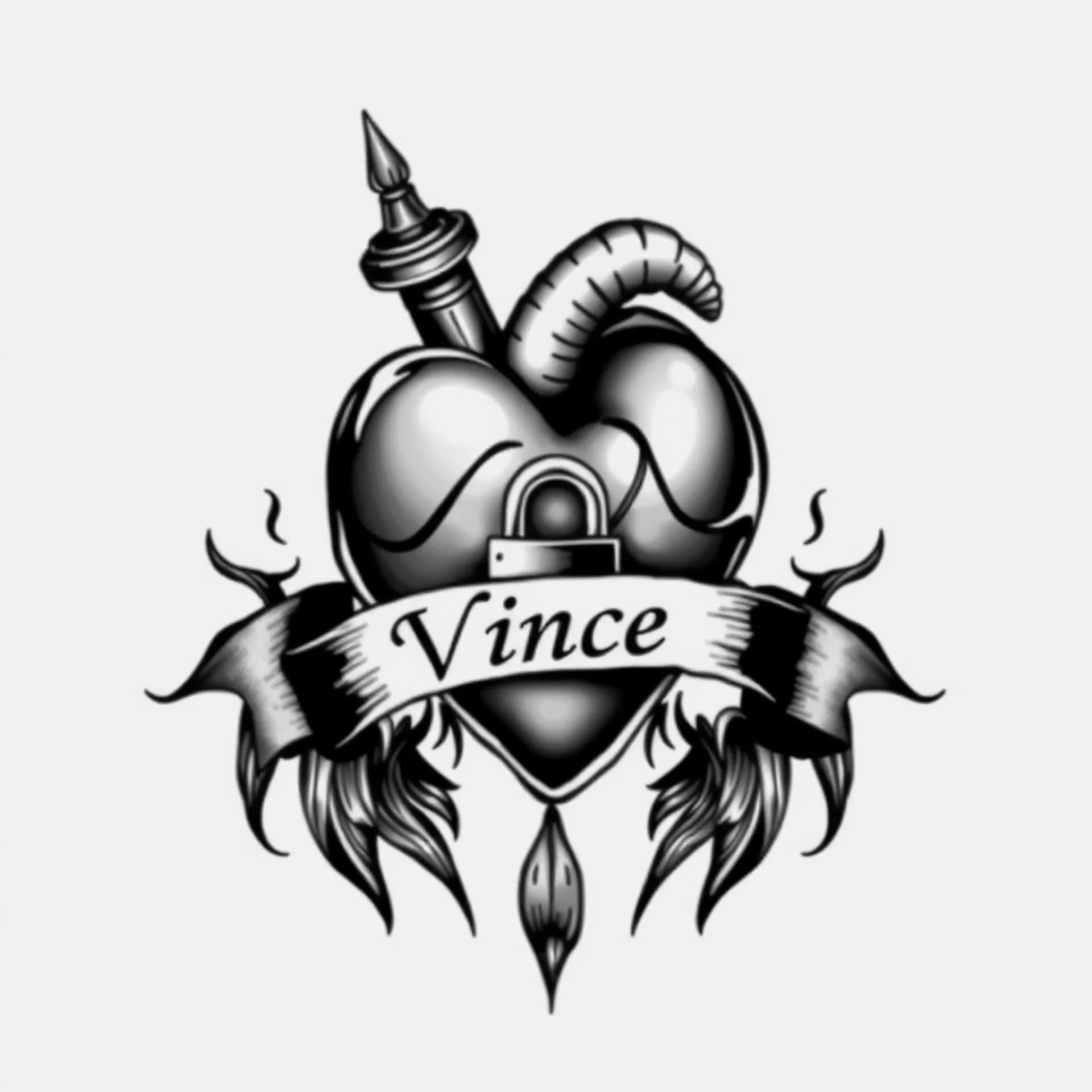 Dark Art tattoo: Danger that is piercing a heart that has a banner wrapped around the heart with a lock hanging off the banner and in the banner is the name Vince