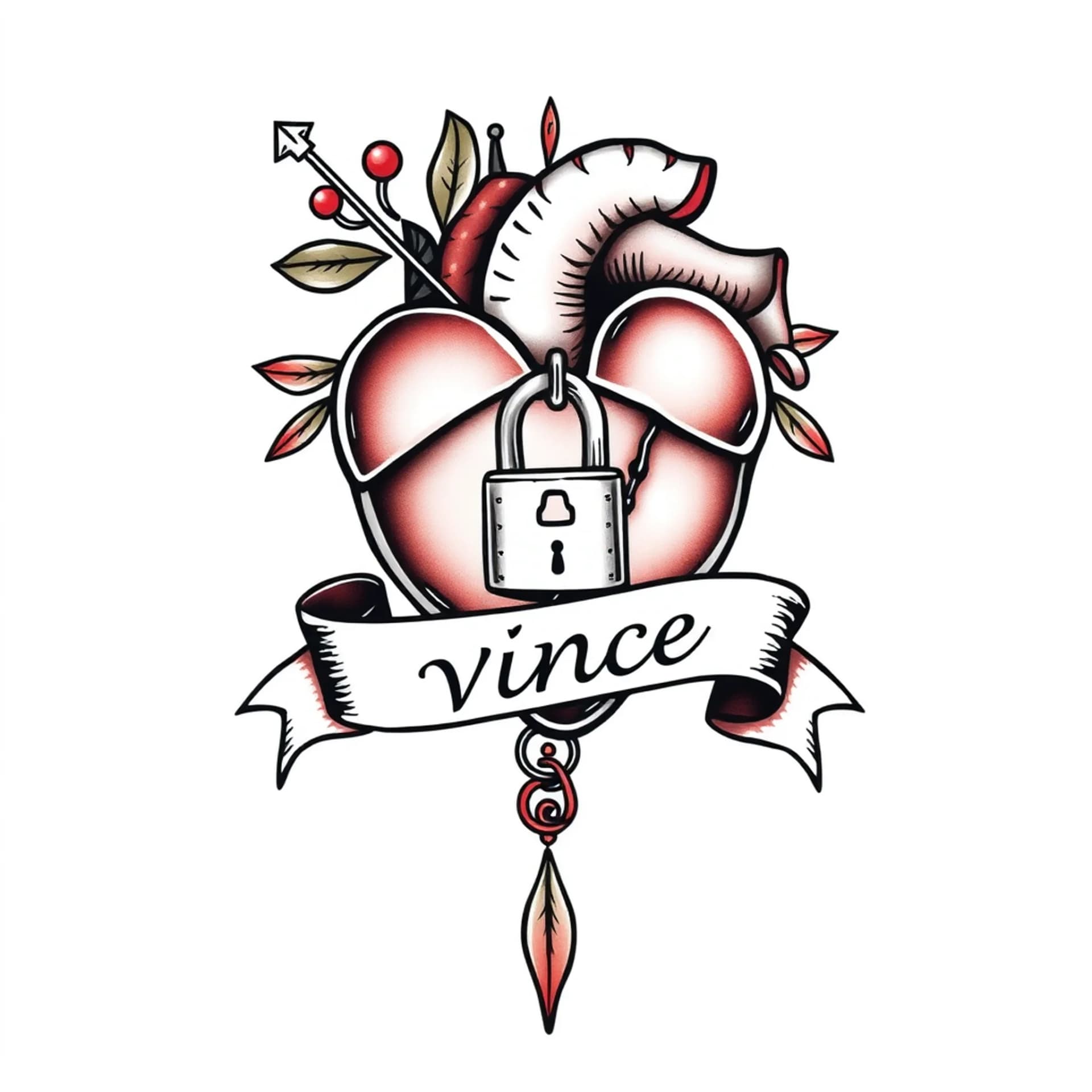 Traditional tattoo: Adear, that is piercing a heart that has a banner that is wrapped around it with a lock hanging off the banner with the name vince writon the banner