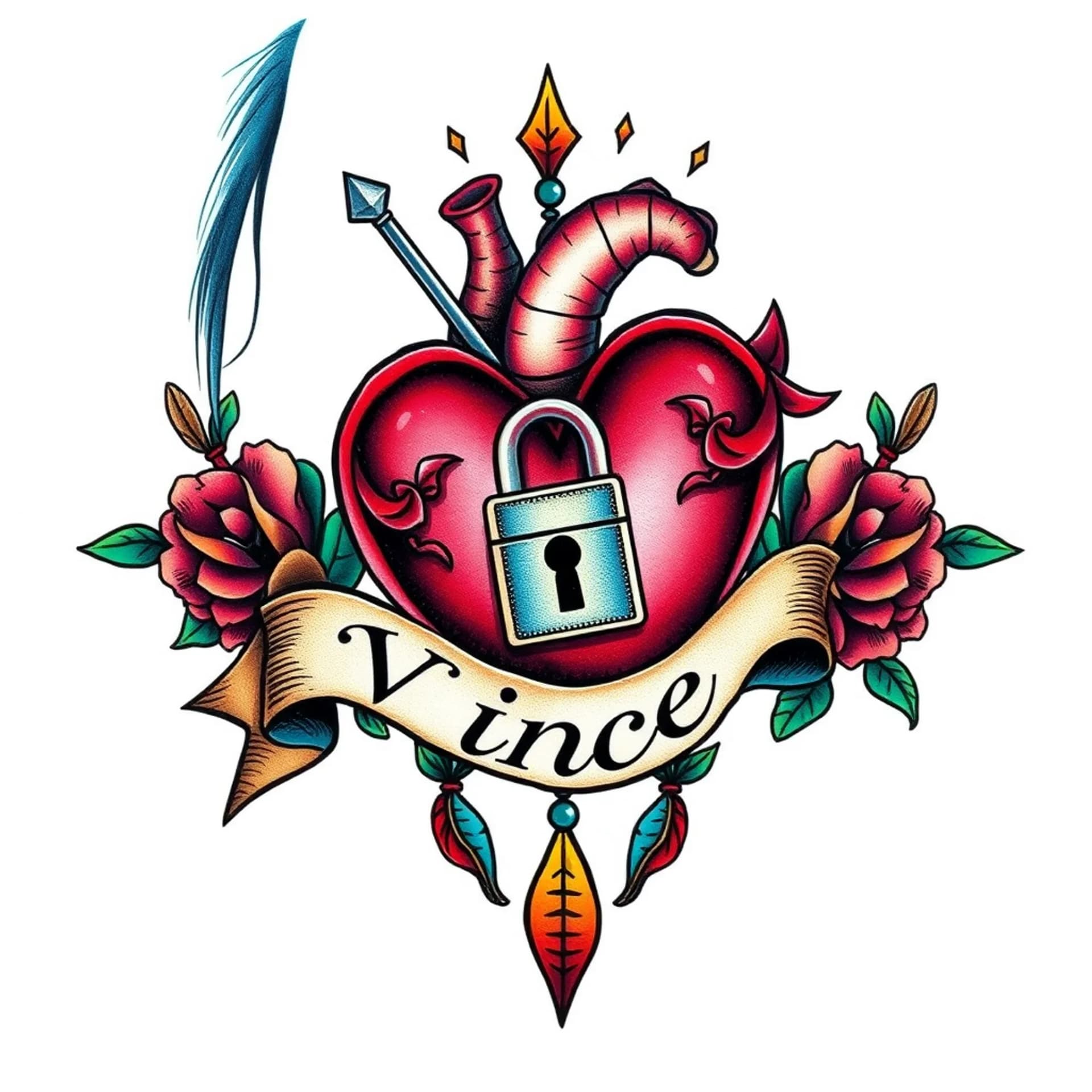 Neo Traditional tattoo: Adear, that is piercing a heart that has a banner that is wrapped around it with a lock hanging off the banner with the name vince writon the banner