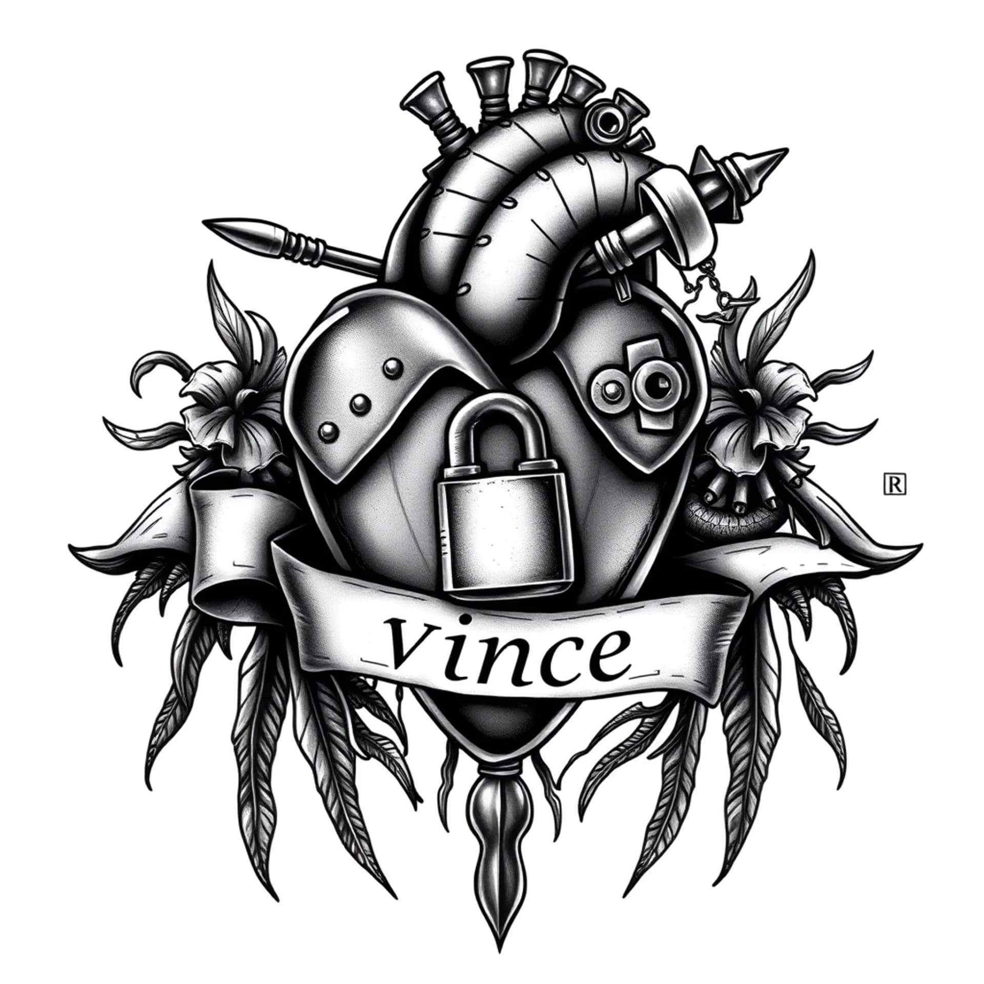 Biomechanical tattoo: Adear, that is piercing a heart that has a banner that is wrapped around it with a lock hanging off the banner with the name vince writon the banner