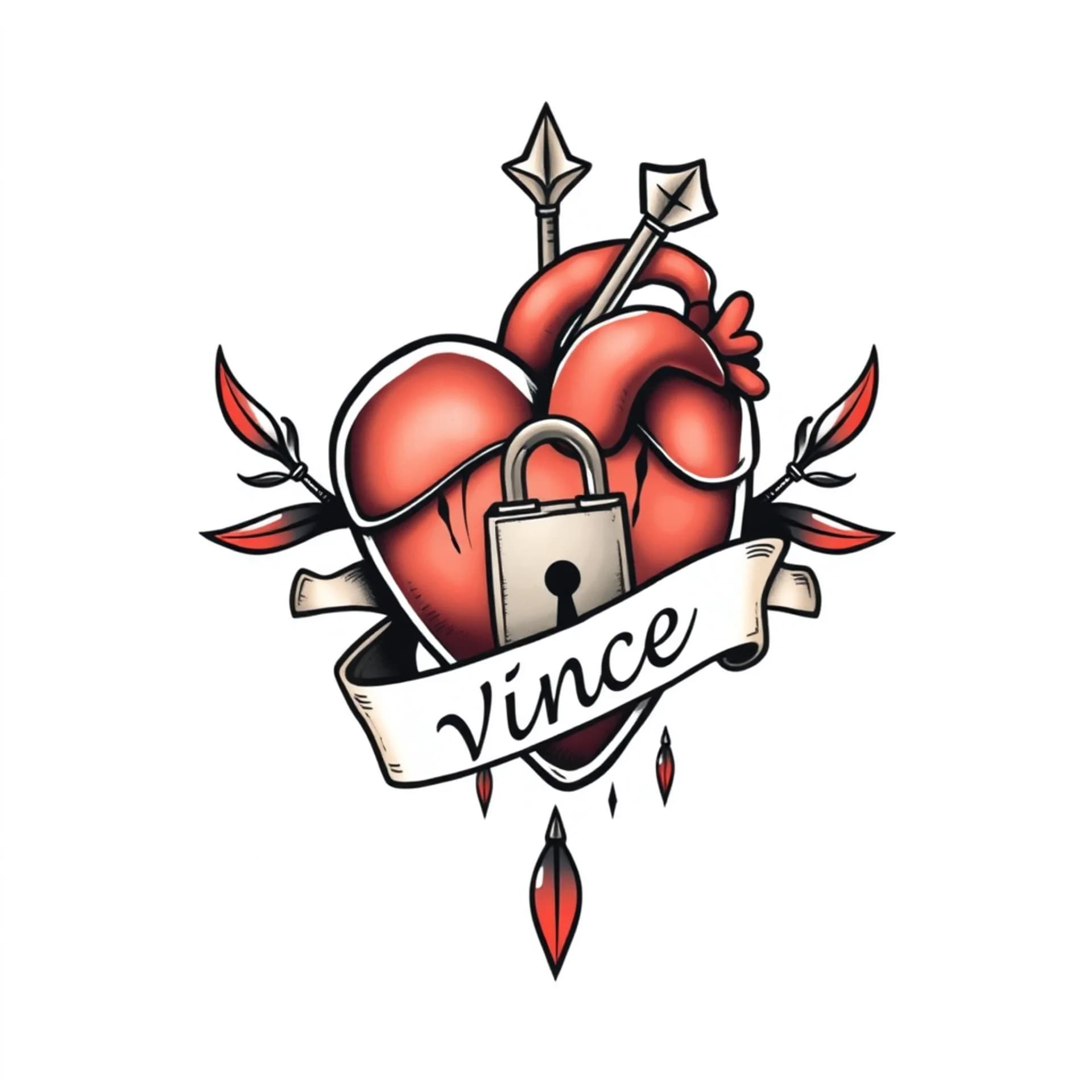 Old School tattoo: Adear, that is piercing a heart that has a banner that is wrapped around it with a lock hanging off the banner with the name vince writon the banner