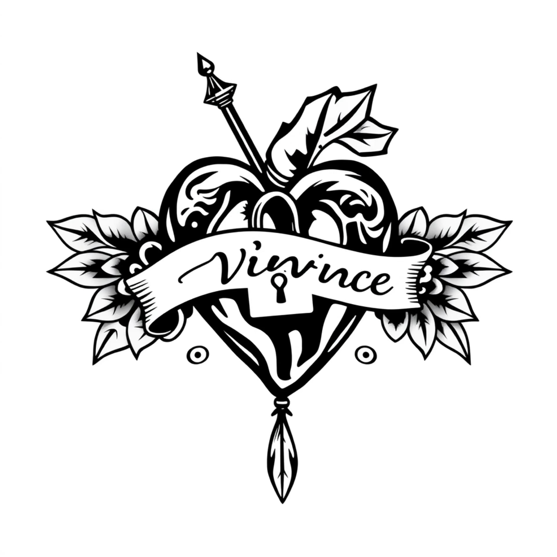 Polynesian tattoo: Adear, that is piercing a heart that has a banner that is wrapped around it with a lock hanging off the banner with the name vince writon the banner