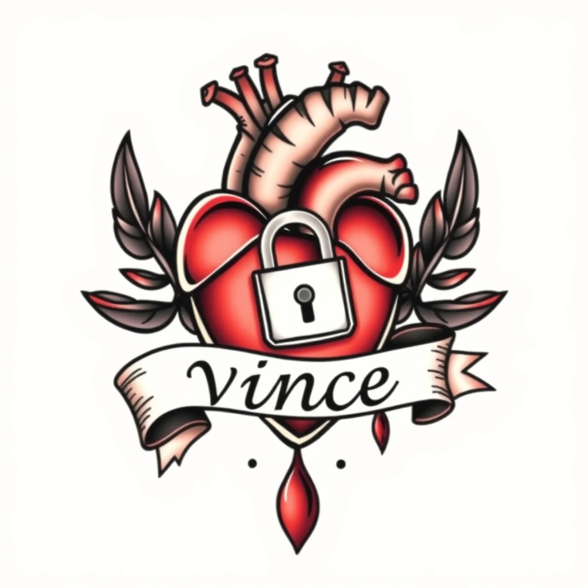 Traditional tattoo: Adear, that is piercing a heart that has a banner that is wrapped around it with a lock hanging off the banner with the name vince writon the banner