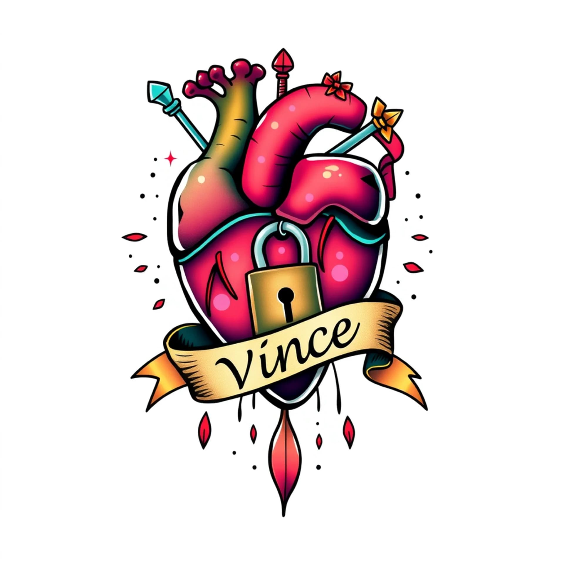 New School tattoo: Adear, that is piercing a heart that has a banner that is wrapped around it with a lock hanging off the banner with the name vince writon the banner
