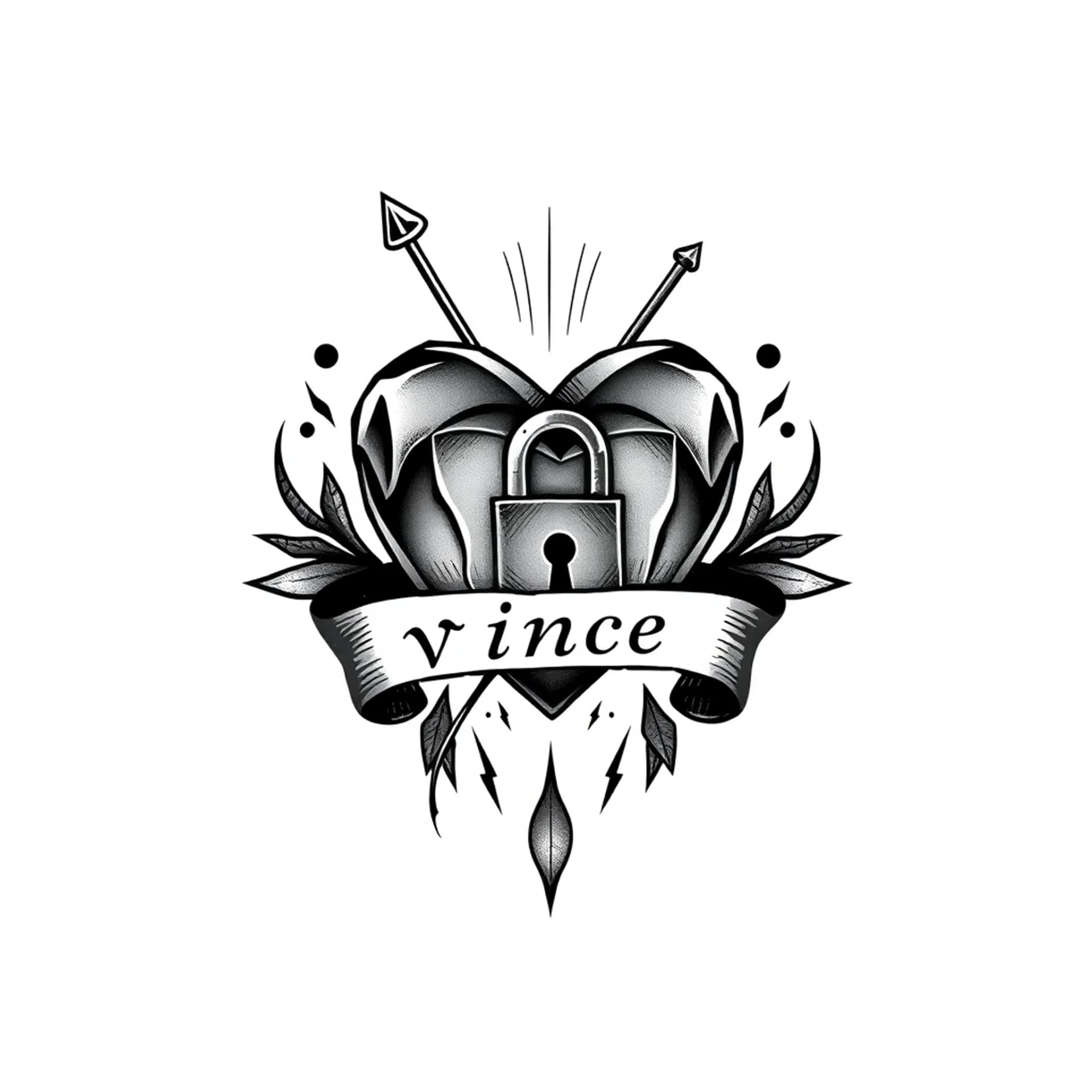 Geometric tattoo: Adear, that is piercing a heart that has a banner that is wrapped around it with a lock hanging off the banner with the name vince writon the banner