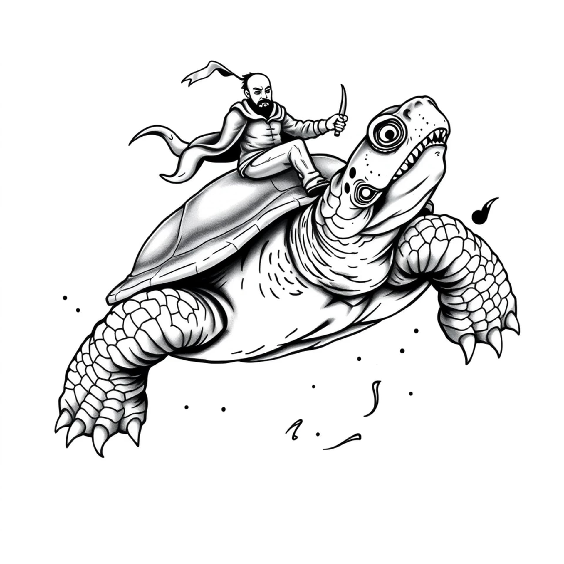 Black And Grey tattoo: An angry turtle with huge teeth and a tiny man riding on the back