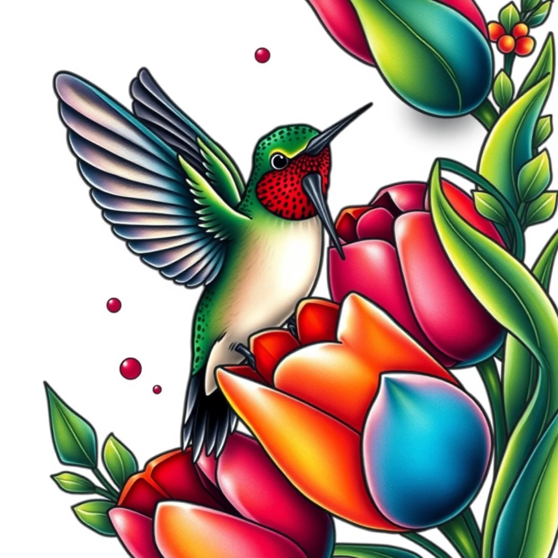 Neo Traditional tattoo: Hummingbird feeding on tulips