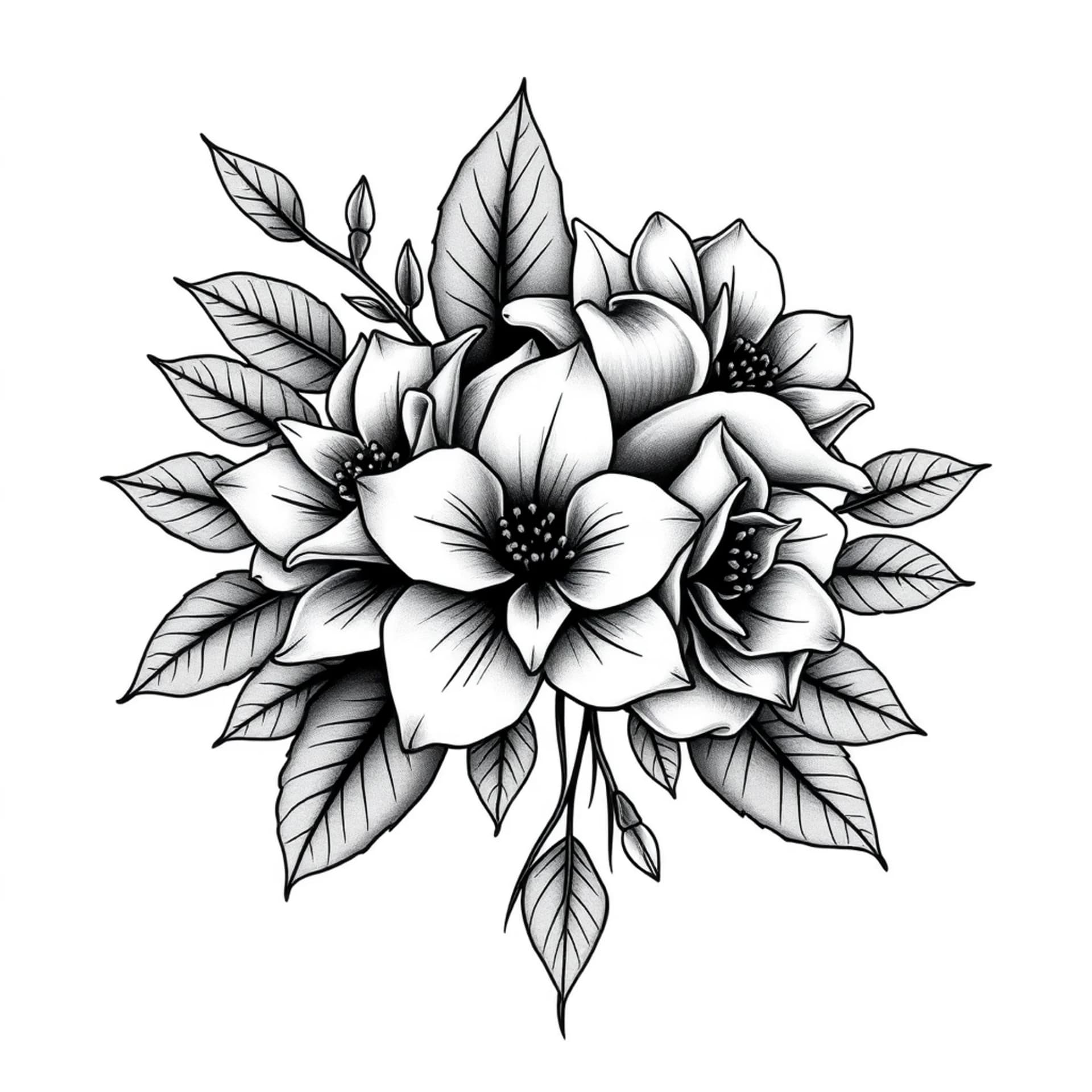 Black And Grey tattoo: Fine line jasmine and roses bouquet tattoo