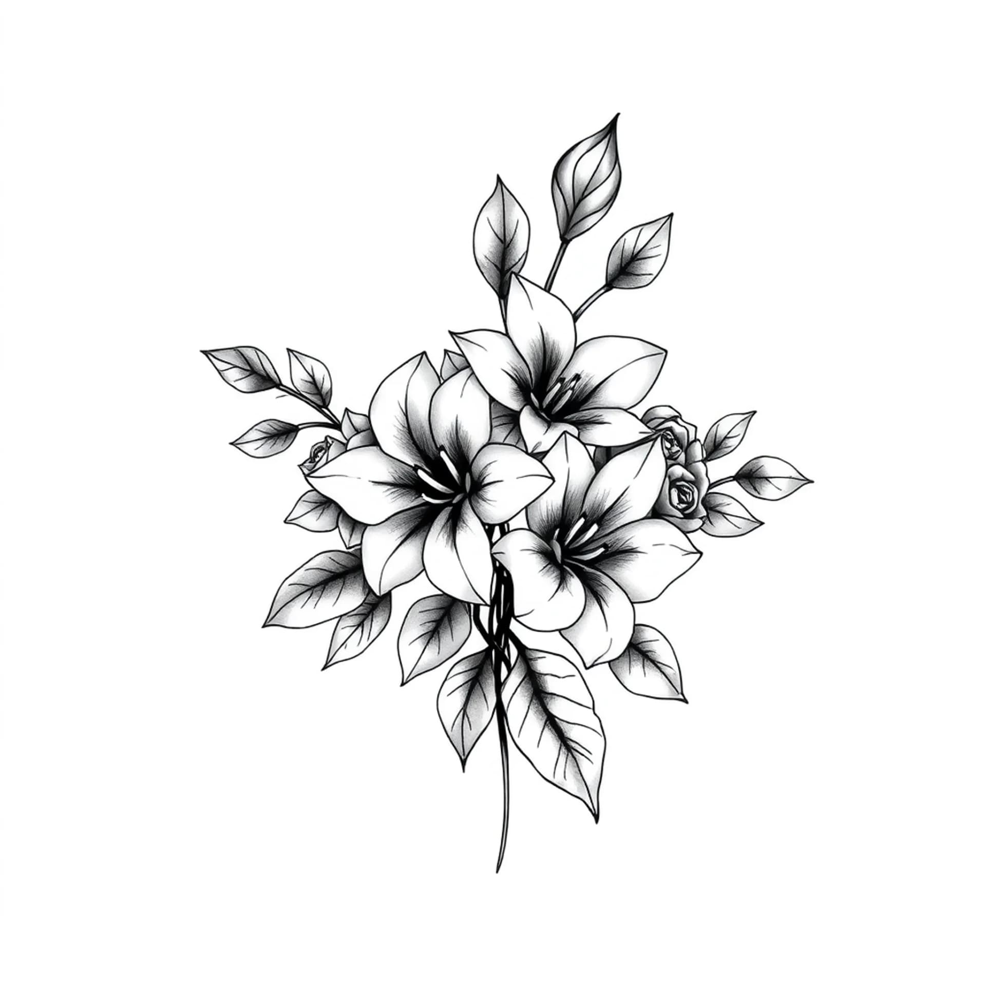 Black And Grey tattoo: Fine line jasmine and roses bouquet tattoo