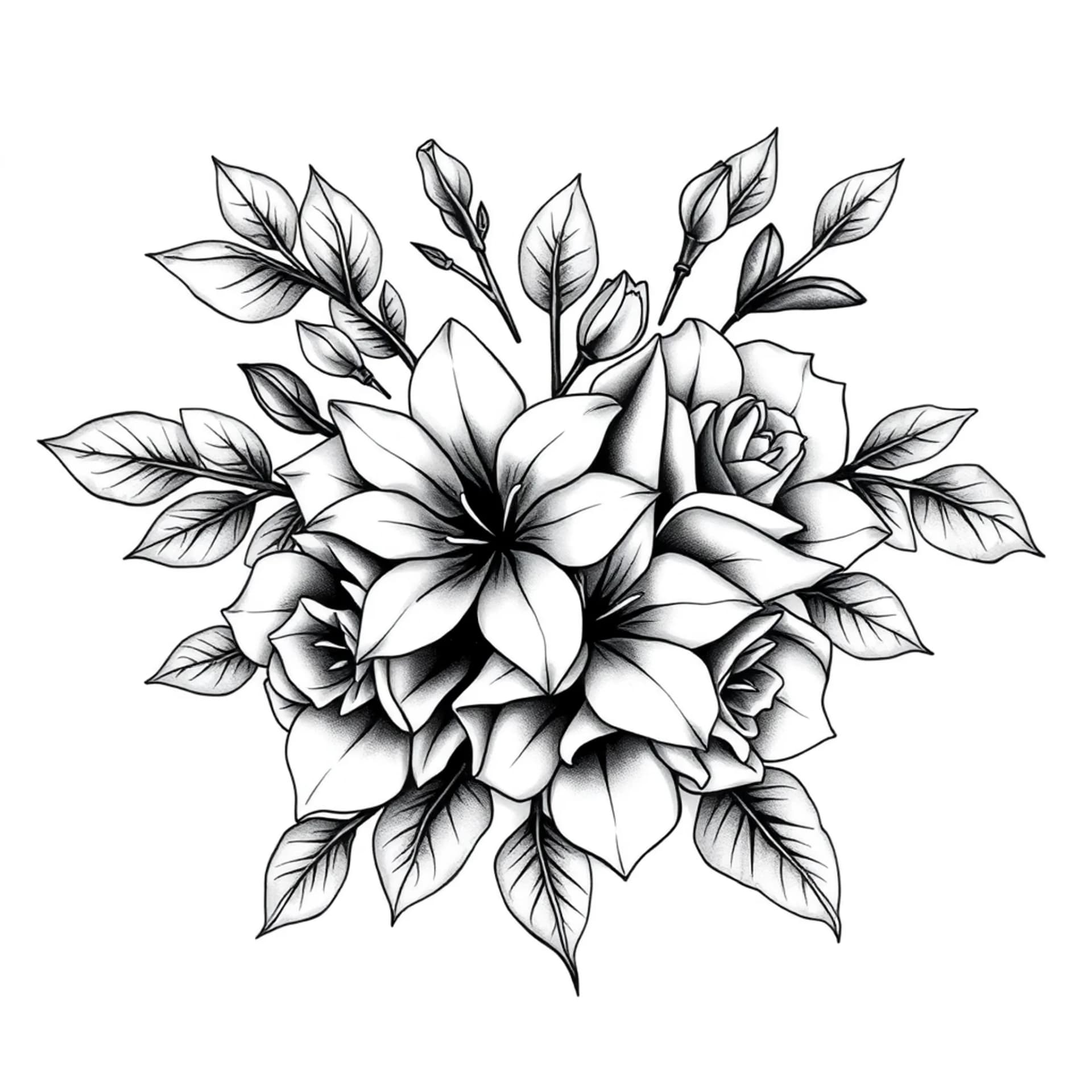 Black And Grey tattoo: Fine line delicate jasmine and roses intertwined