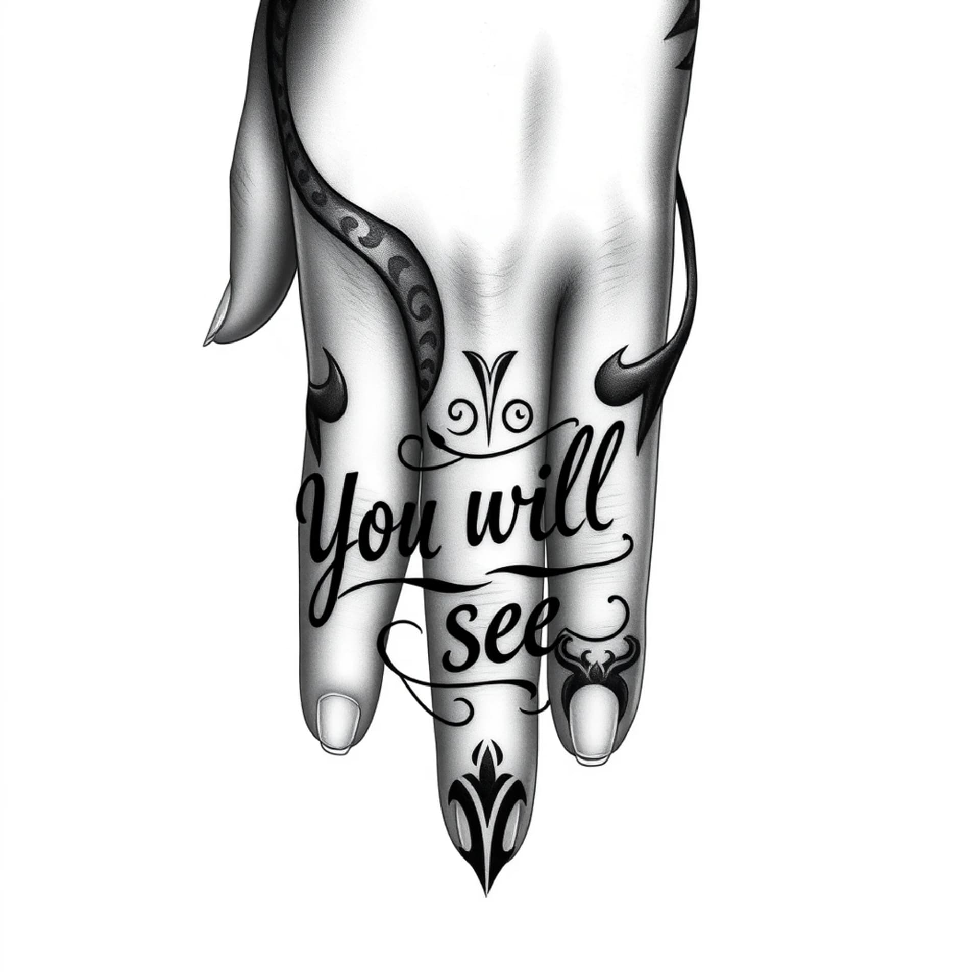 Black And Grey tattoo: Forearm tattoo reaching the fingers in tribal style containing the words 'you will see'