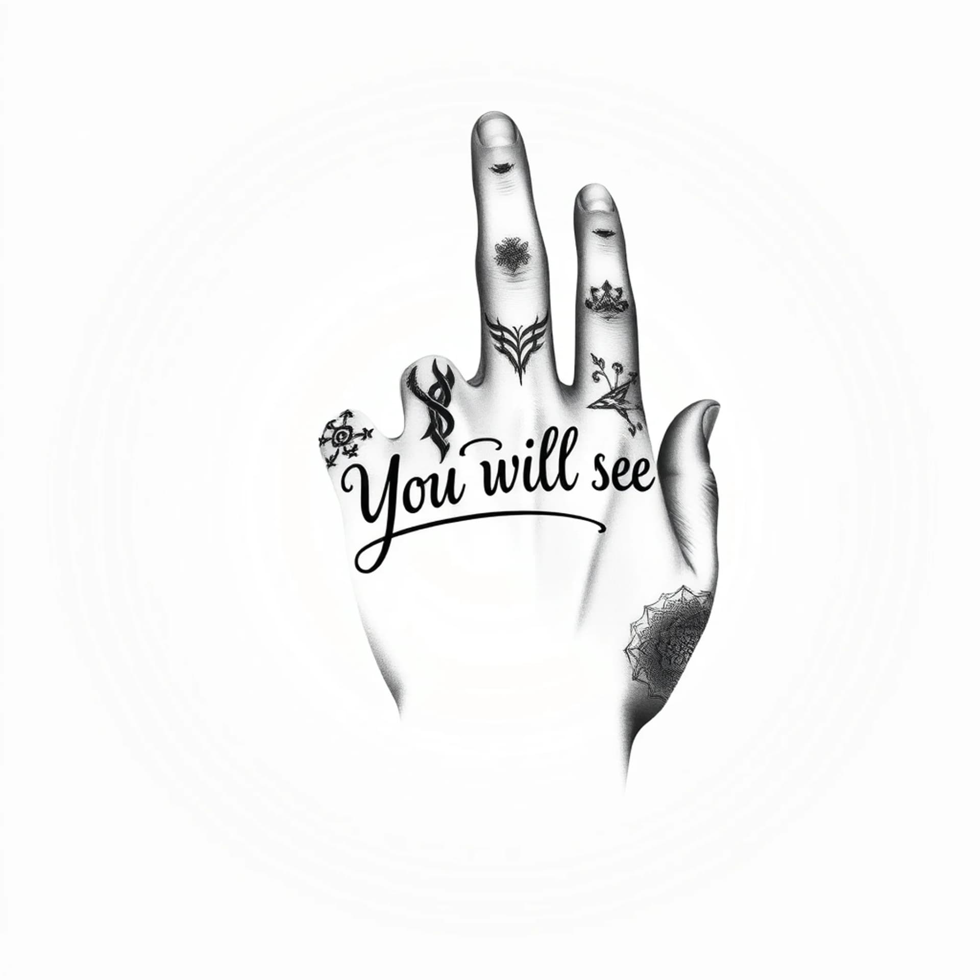 Black And Grey tattoo: Forearm tattoo reaching the fingers in tribal style containing the words 'you will see'