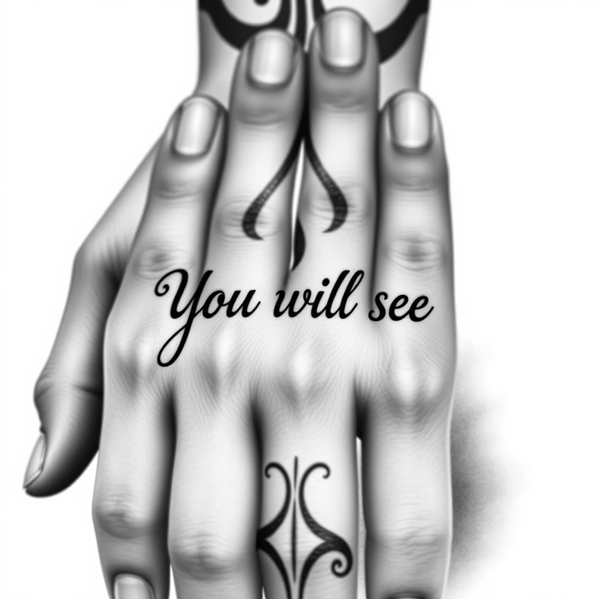 Black And Grey tattoo: Forearm tattoo reaching the fingers in tribal style containing the words 'you will see'