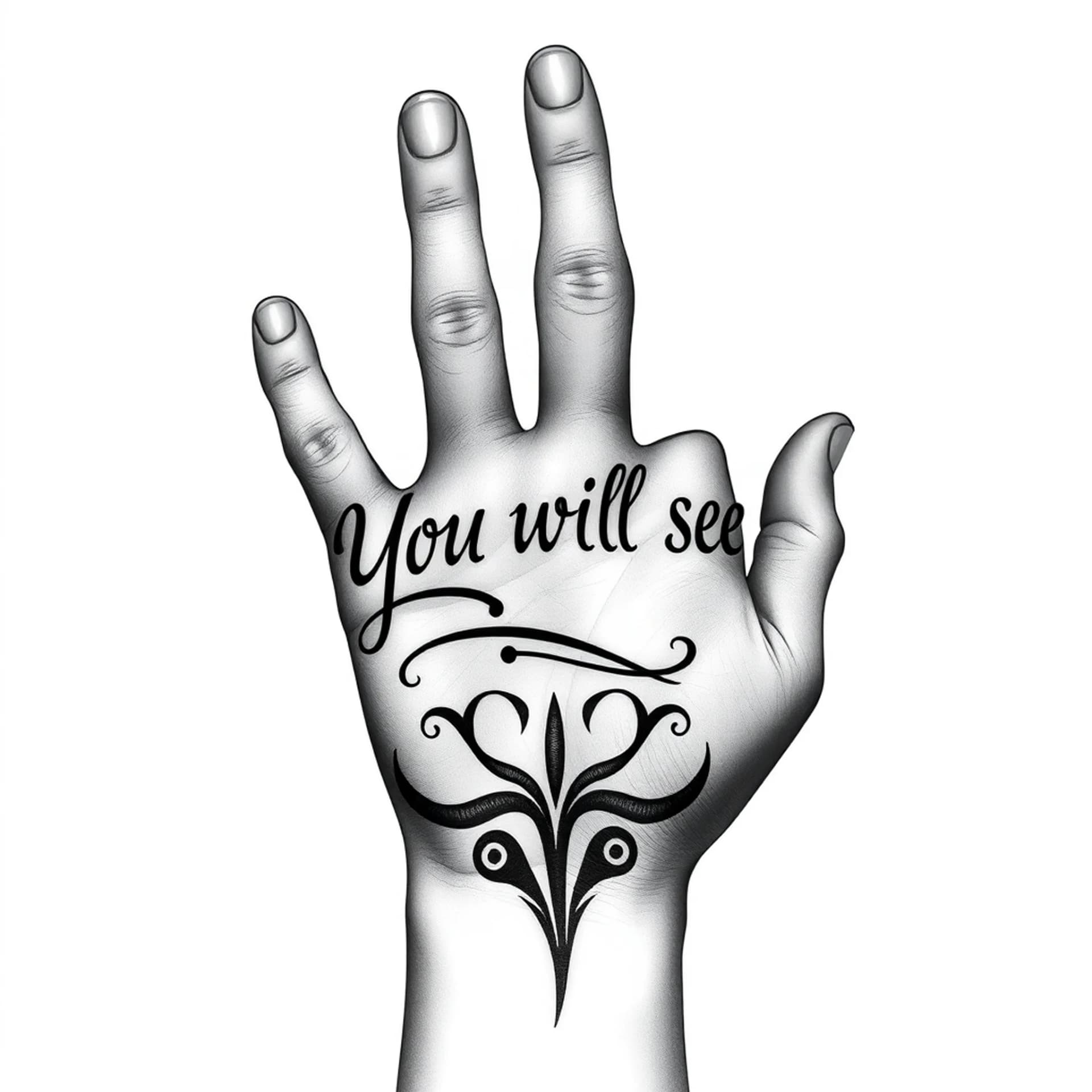 Black And Grey tattoo: Forearm tattoo reaching the fingers in tribal style containing the words 'you will see'