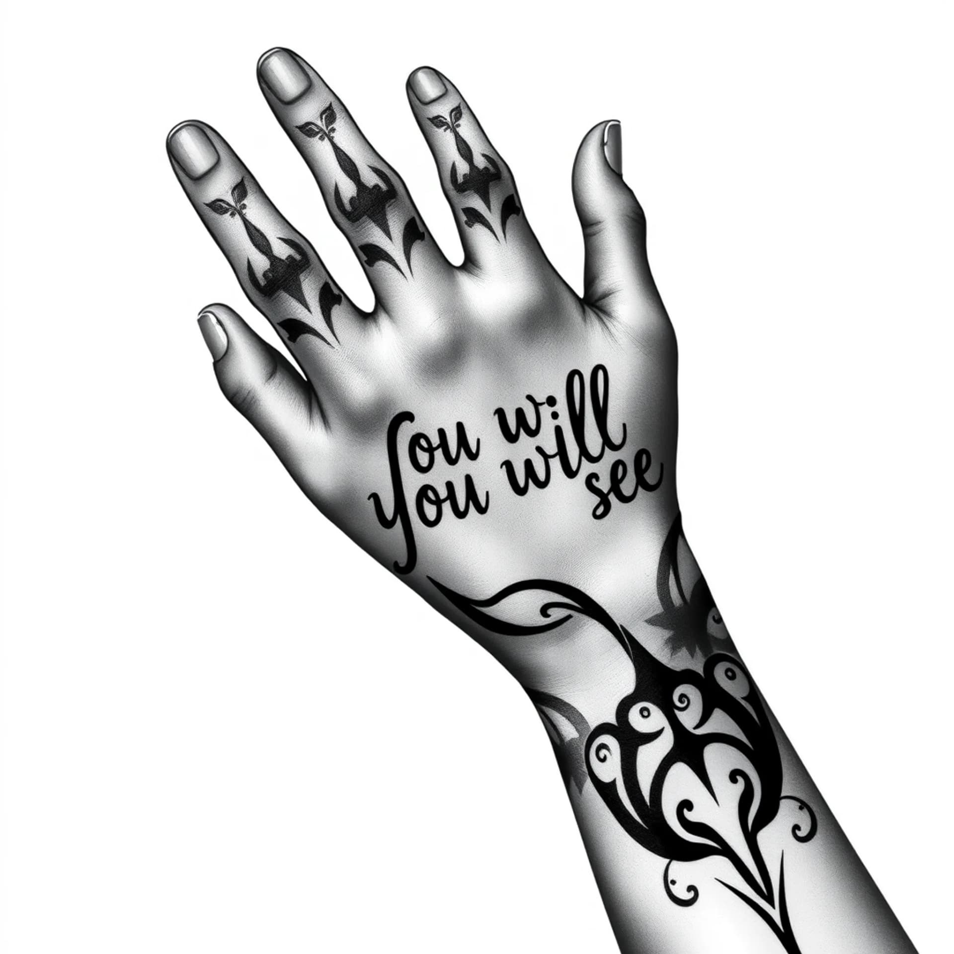 Black And Grey tattoo: Forearm tattoo reaching the fingers in tribal style containing the words 'you will see'