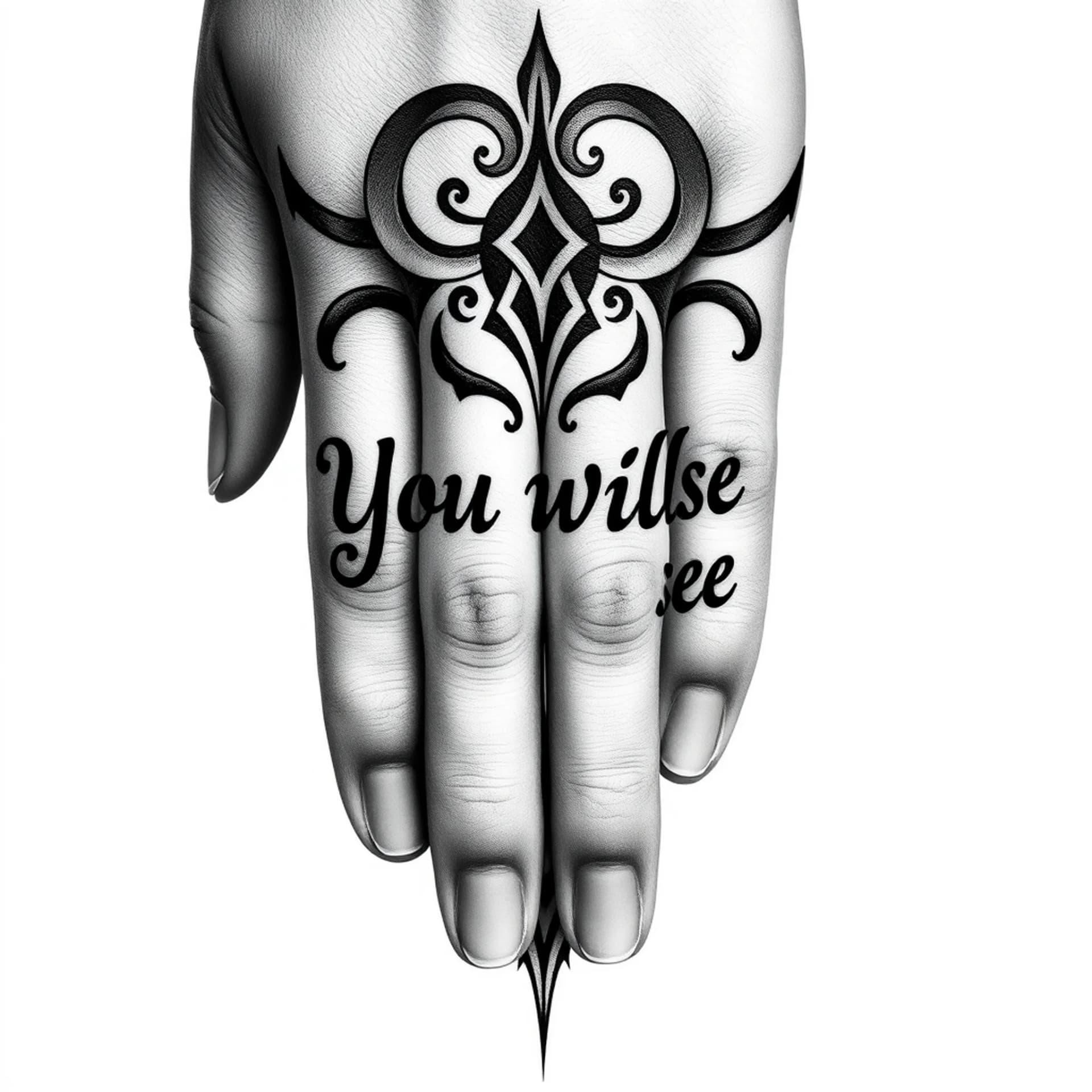 Black And Grey tattoo: Forearm tattoo reaching the fingers in tribal style containing the words 'you will see'