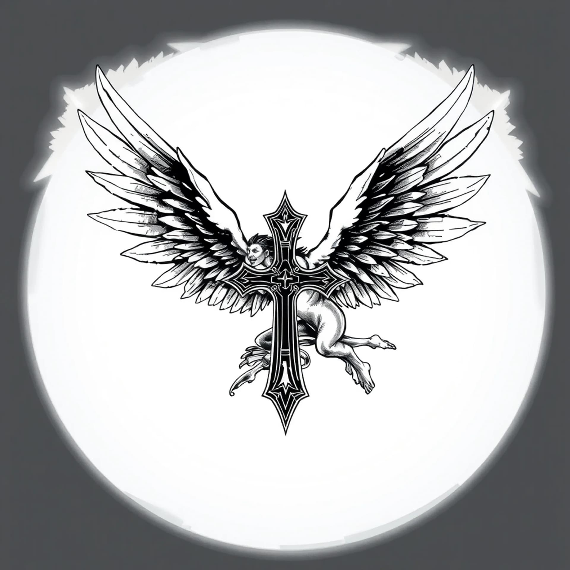 Black And Grey tattoo: Flying angel in battle with gothic cross