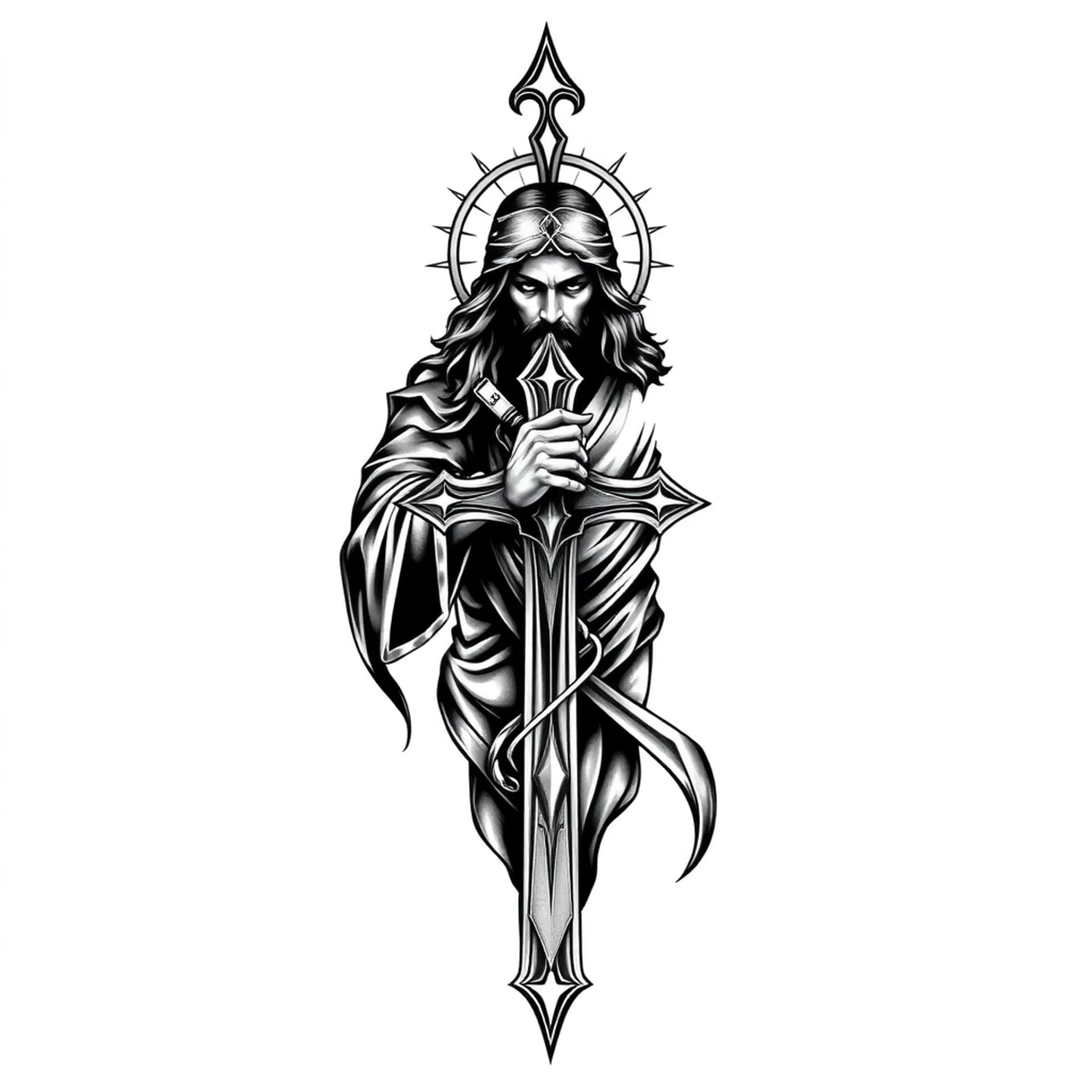 Black And Grey tattoo: Jesus warrior with gothic cross