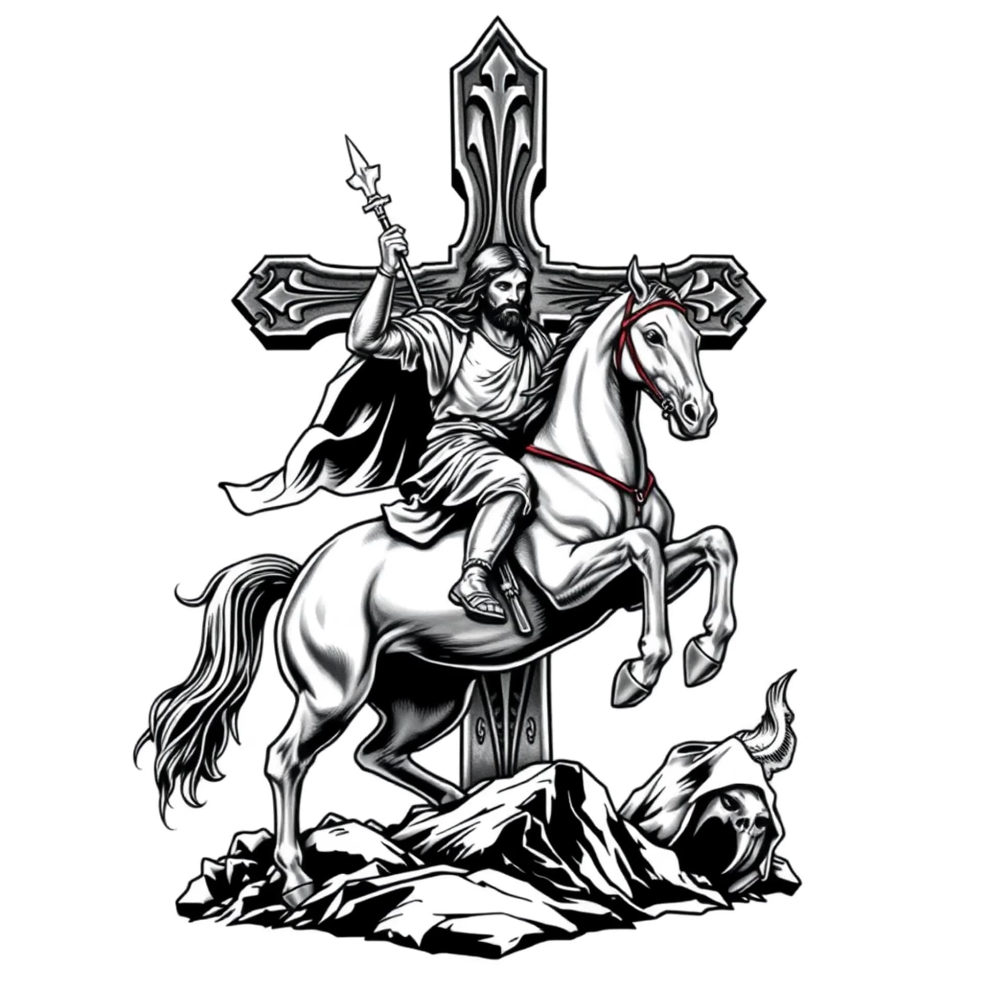 Black And Grey tattoo: Jesus warrior on a horse in battle in front of large gothic cross