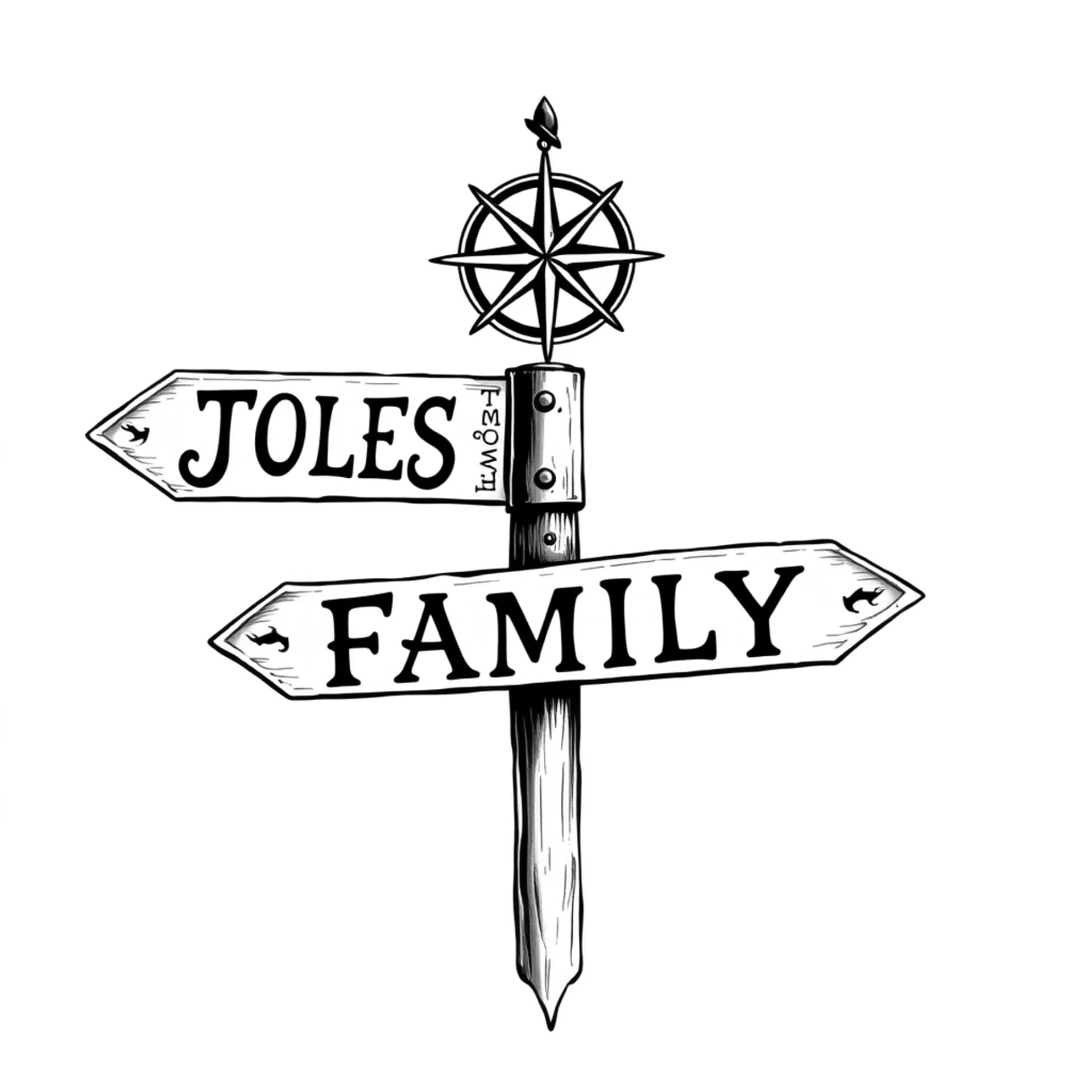 Chicano tattoo: I want a sign pole that has a compass at the top of it. Off the sign pole I want the names in separate signs: JULES, TOM, MADI. Going down the pole I would like the word FAMILY