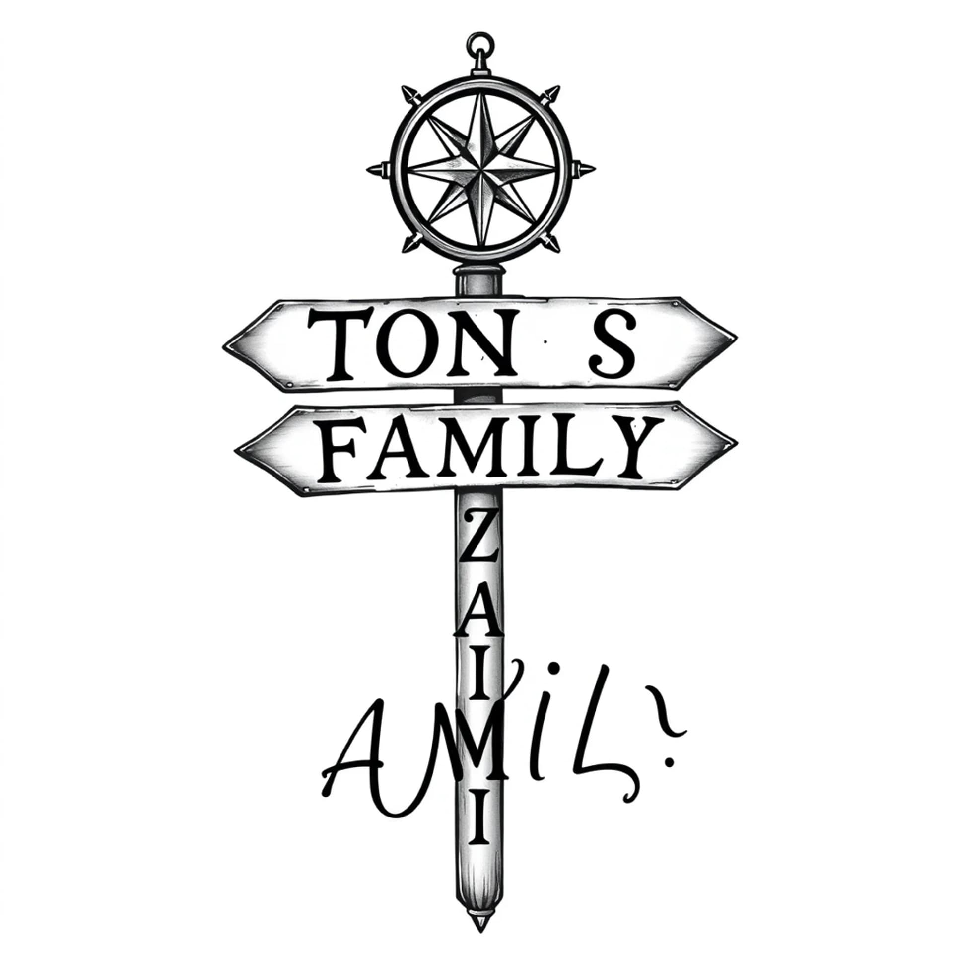Chicano tattoo: I want a sign pole that has a compass at the top of it. Off the sign pole I want the names in 3separate signs: JULES, Sign 2: TOM, Sign 3: MADI. Going vertically down the pole, I would like the word FAMILY
