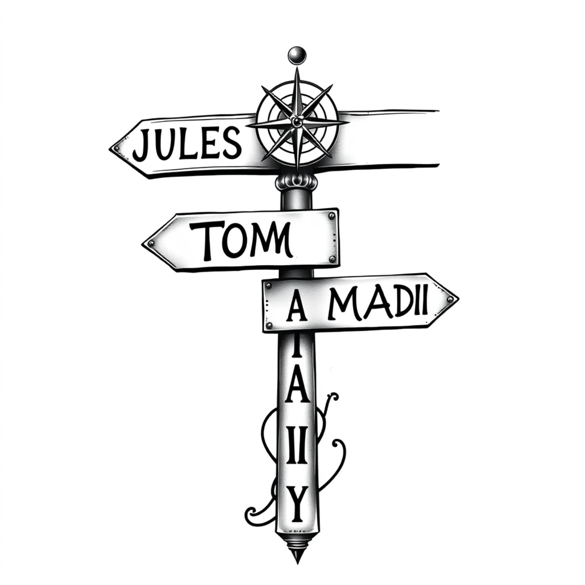 Chicano tattoo: I want a sign pole that has a compass at the top of it. Off the sign pole I want the names in 3separate signs: JULES, Sign 2: TOM, Sign 3: MADI. Going vertically down the pole, I would like the word FAMILY