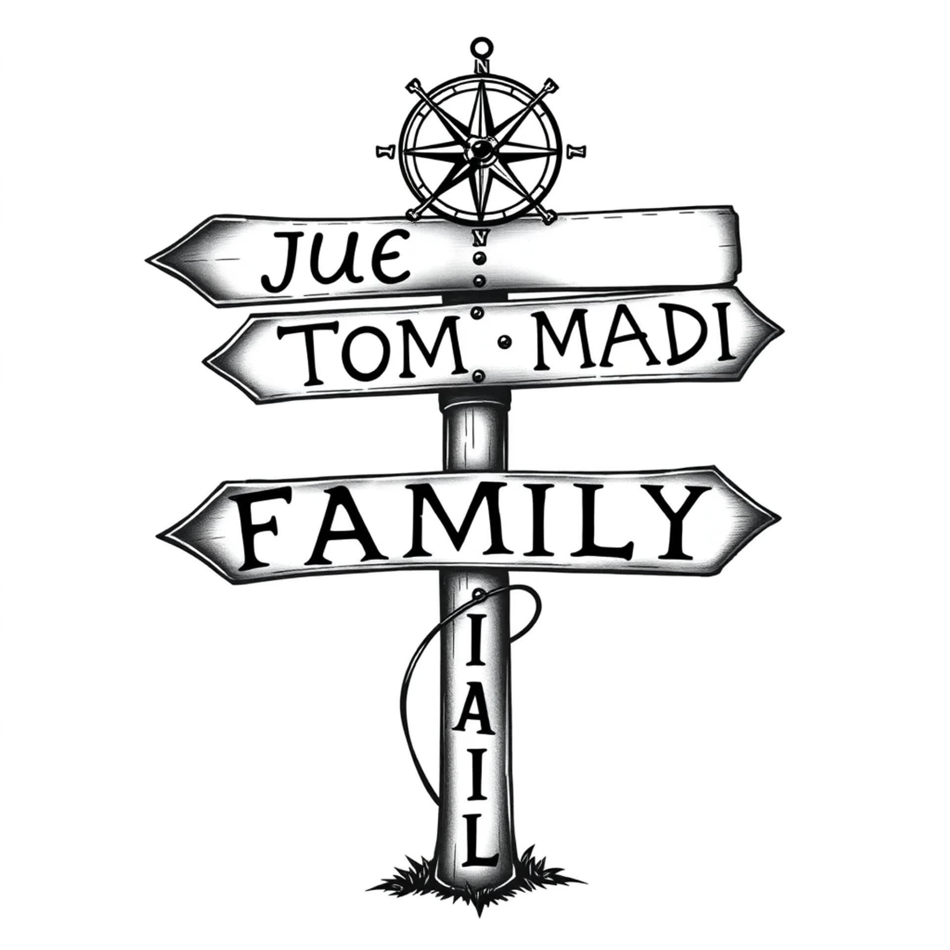 Chicano tattoo: I want a sign pole that has a compass at the top of it. Off the sign pole I want the names in 3separate signs: JULES, Sign 2: TOM, Sign 3: MADI. Going vertically down the pole, I would like the word FAMILY