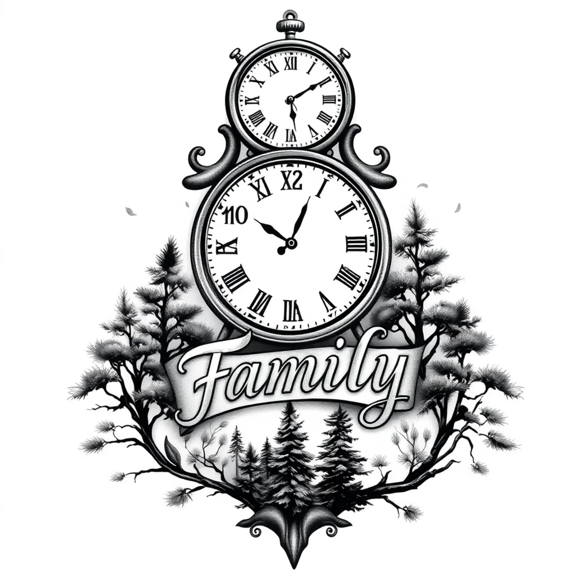 Black And Grey tattoo: Clocks, word family and trees