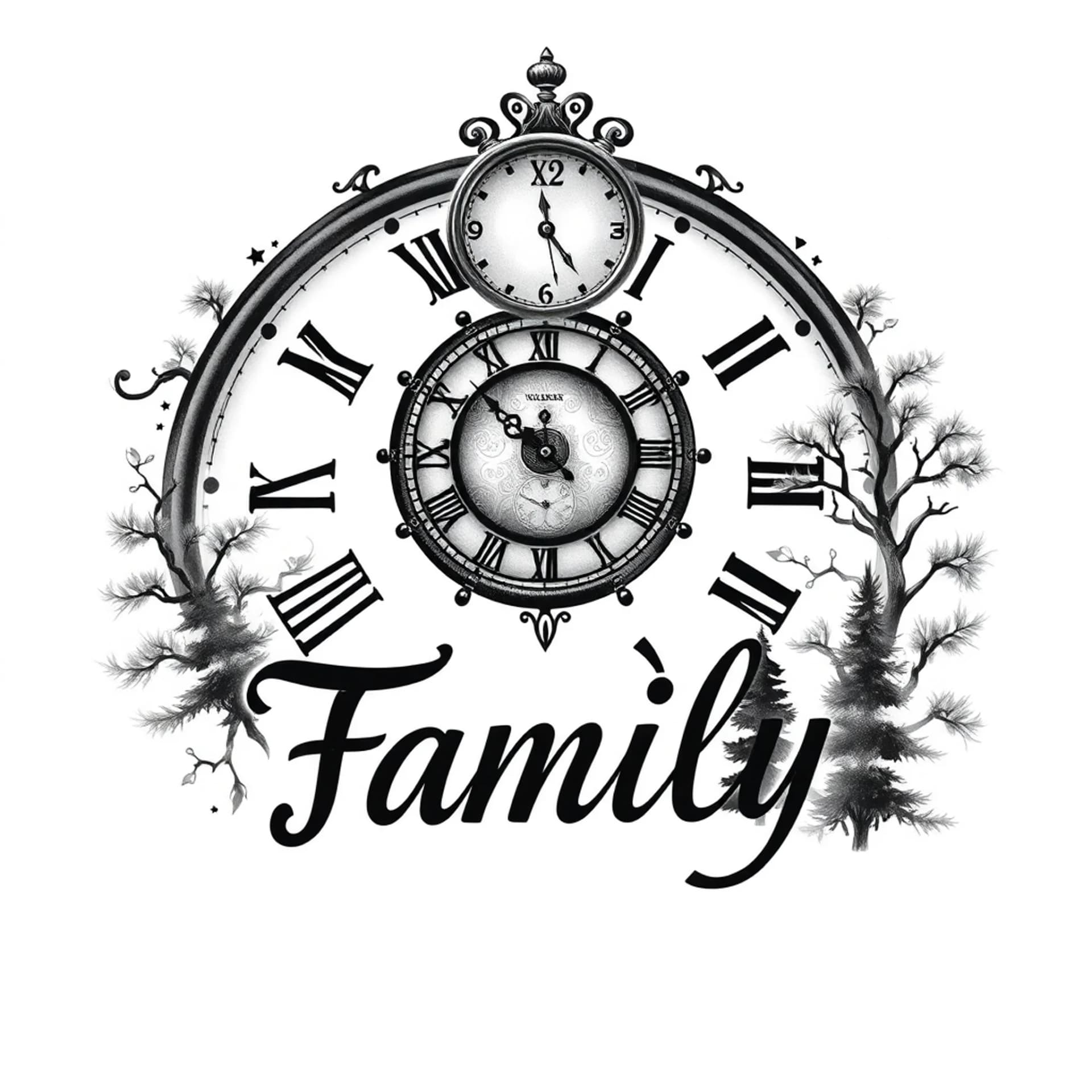 Black And Grey tattoo: Clocks, word family and trees