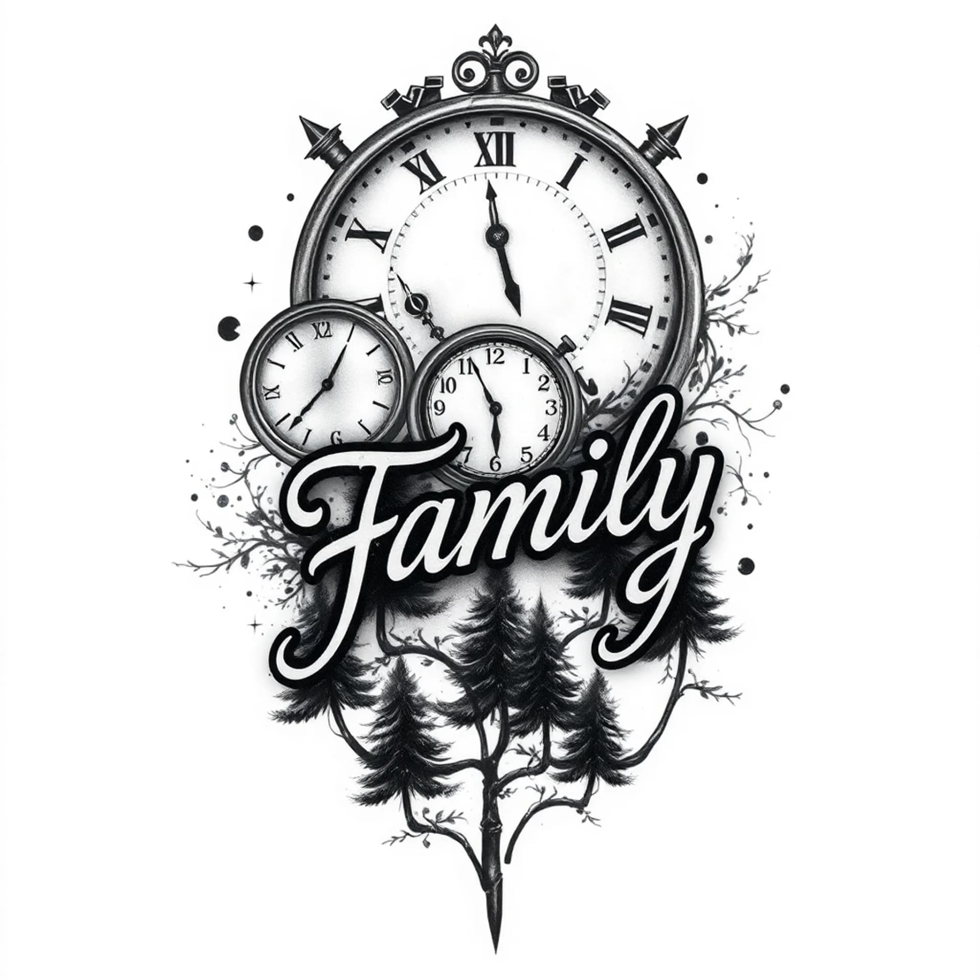 Black And Grey tattoo: Clocks, word family and trees