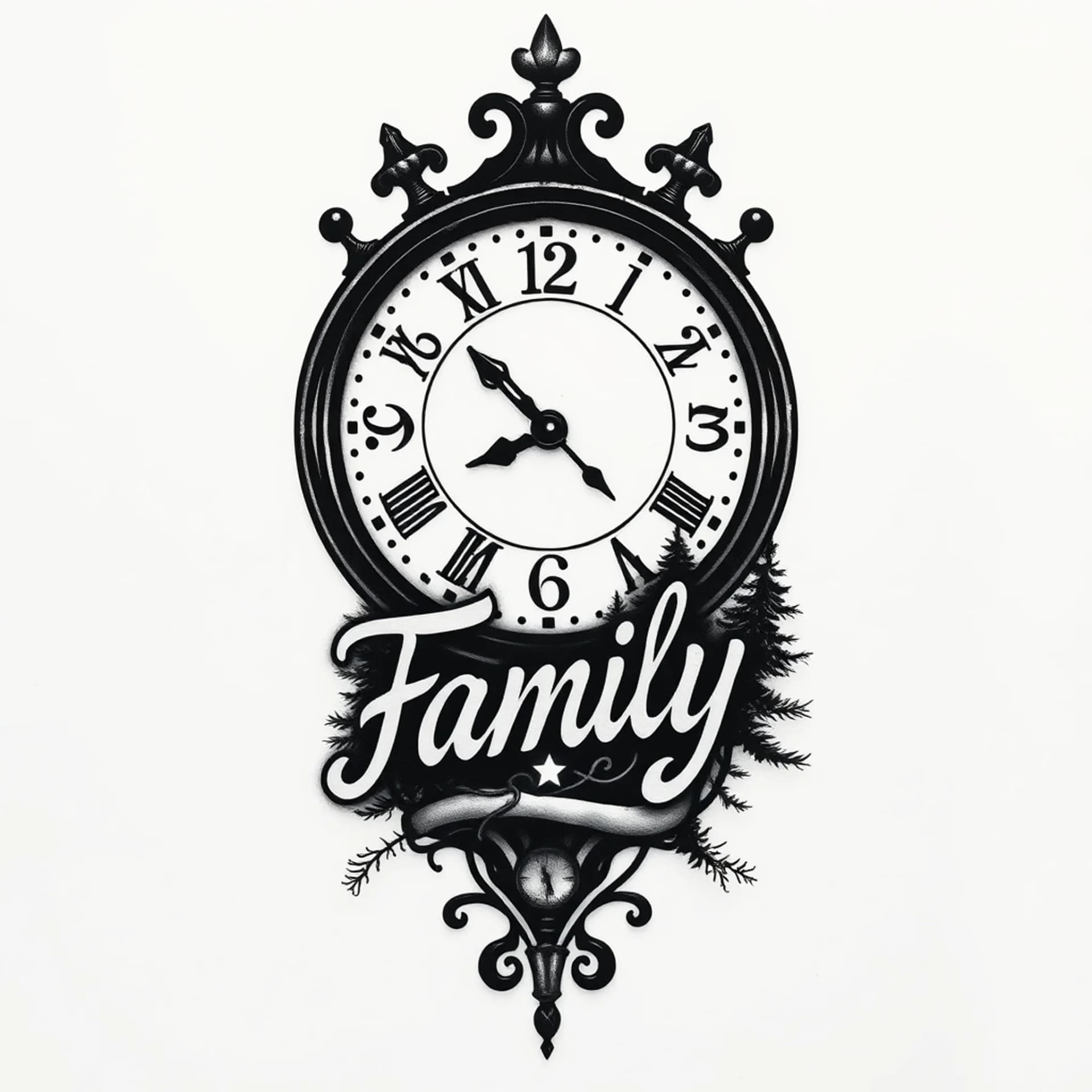 Black And Grey tattoo: Clocks, word family and trees