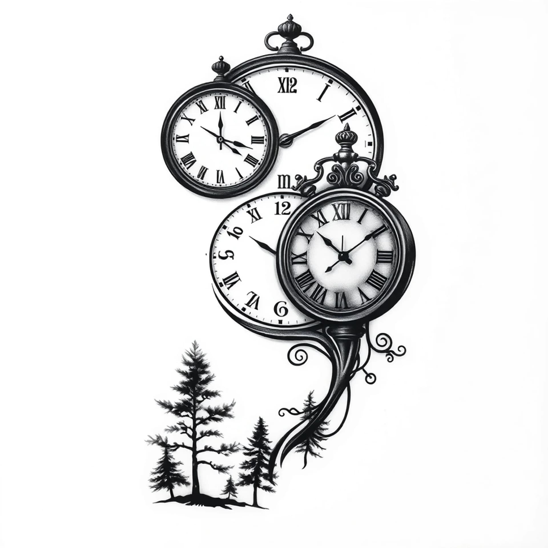 Black And Grey tattoo: Clocks, word family and trees